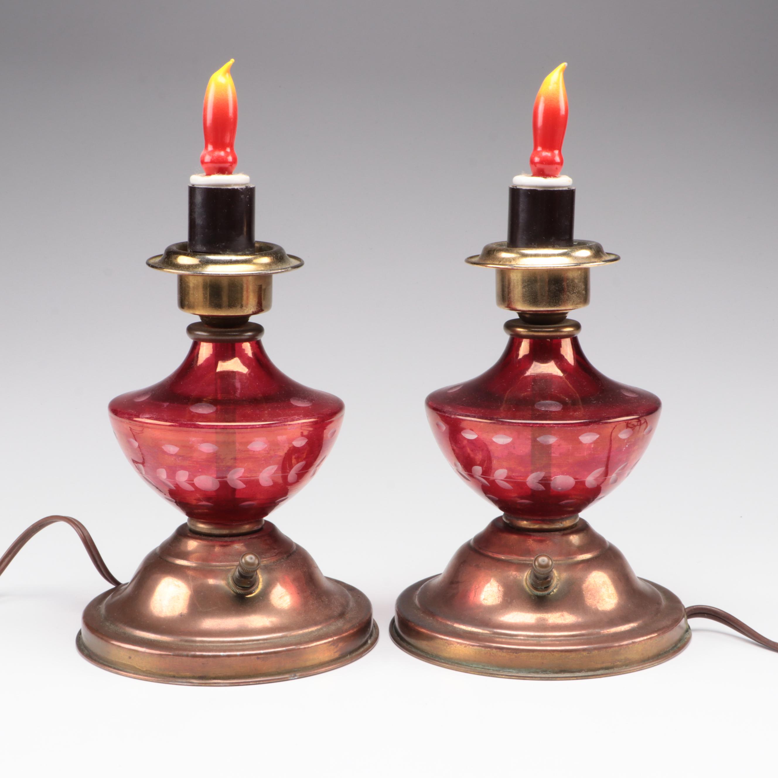 Pair of Bohemian Style Cranberry Flash Boudoir Lamps
