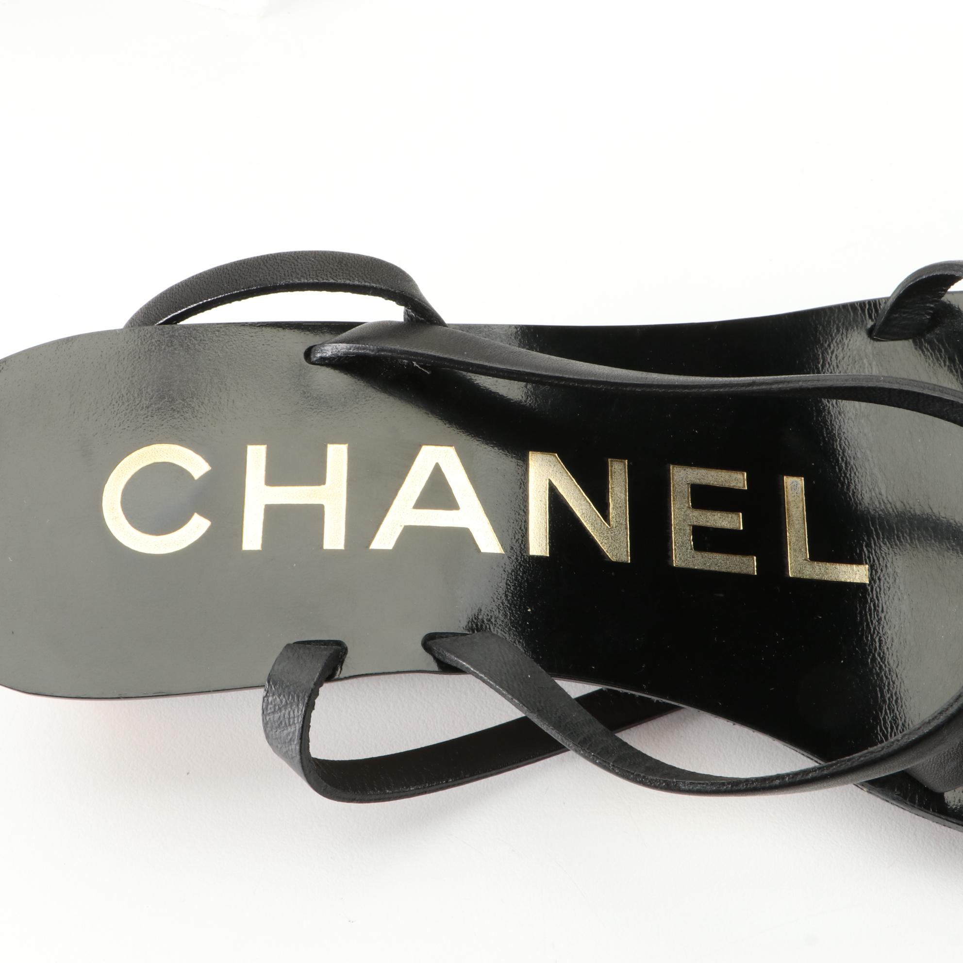 Chanel Strappy Wedge Sandals in Black Leather