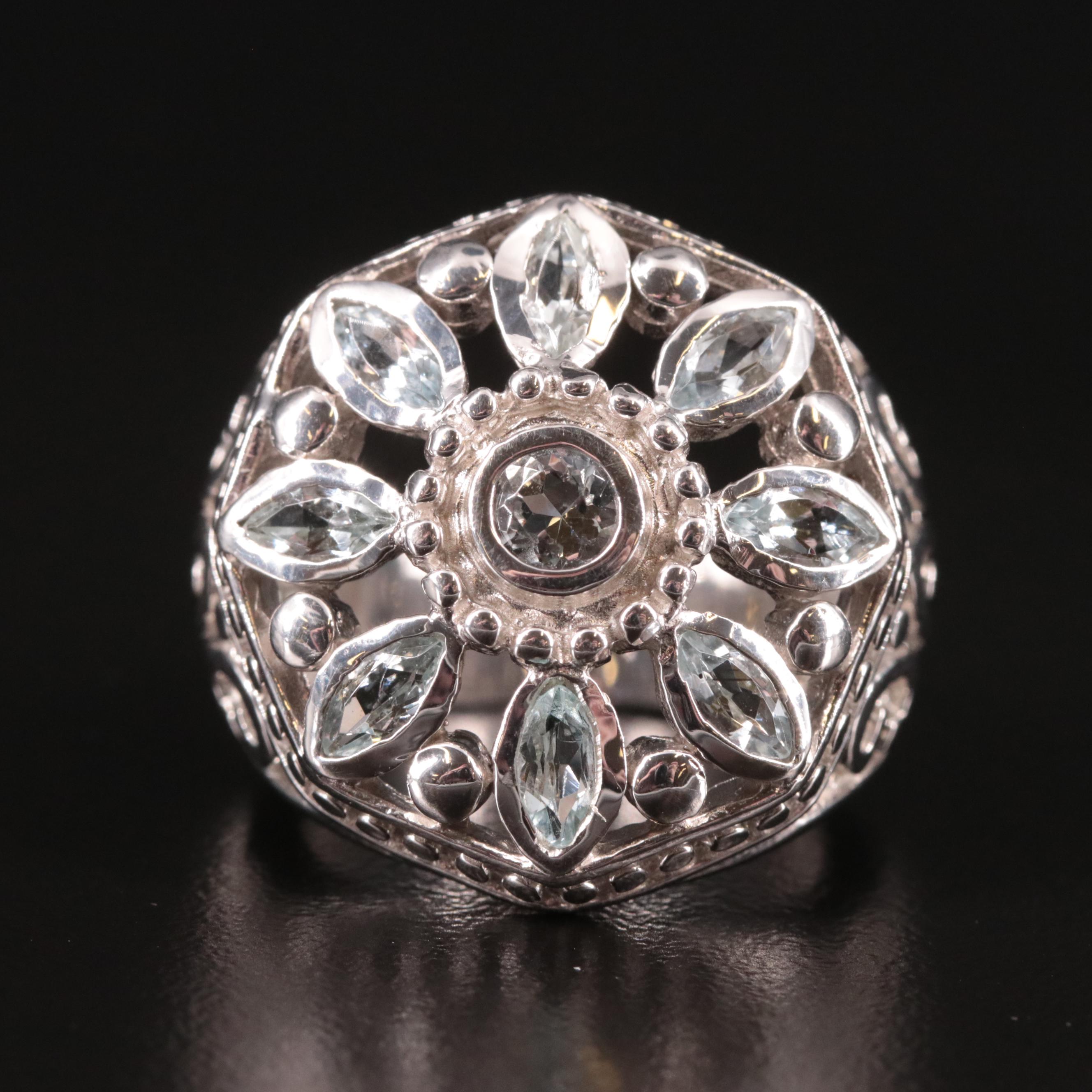 Sterling Aquamarine Open Work Foliate Ring