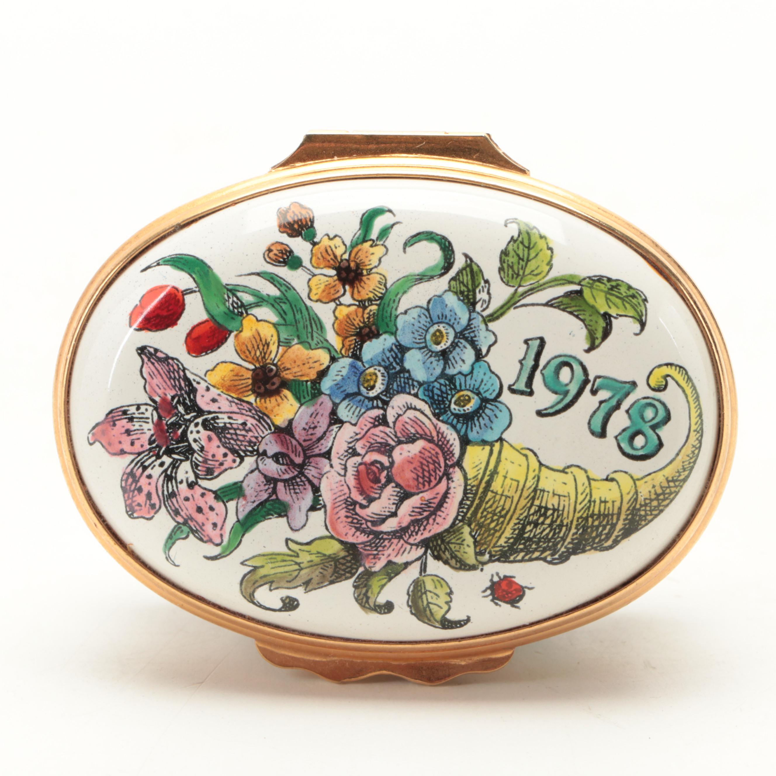 Bilston & Battersea Hand Colored Enameled Copper Oval Box, 1978