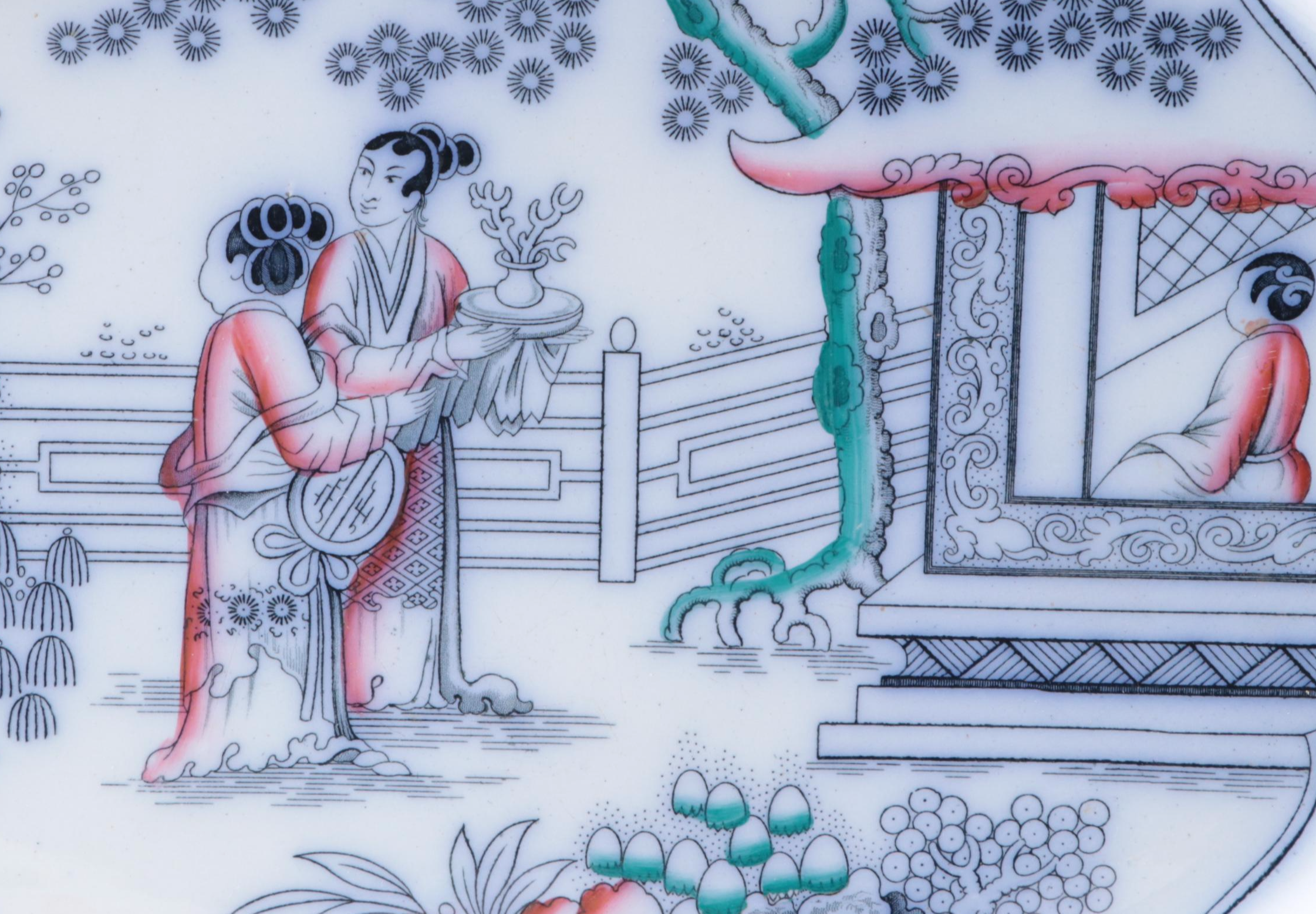 Polychrome Flow Blue Chinoiserie Style Ironstone Platter, 19th Century