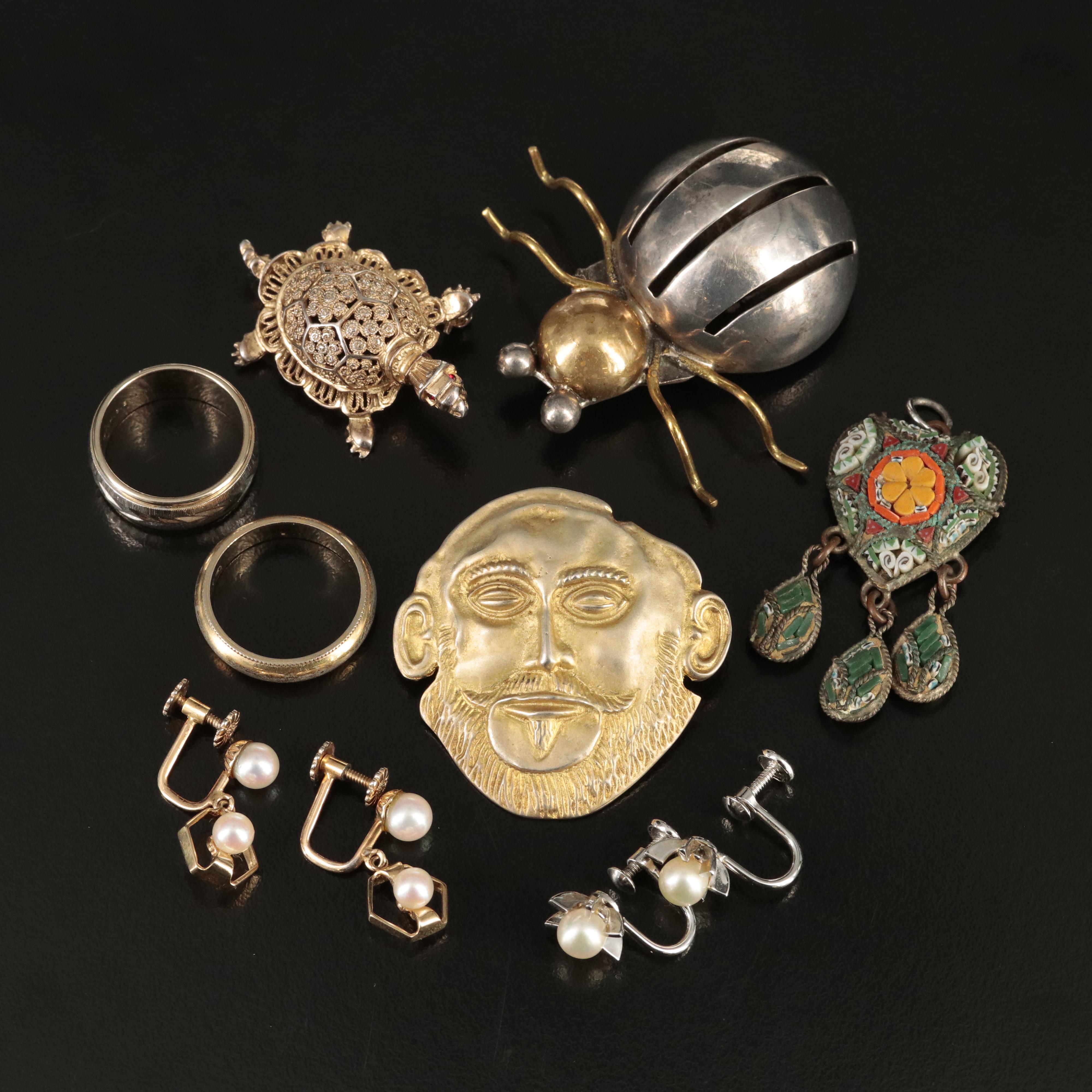 Sterling and 835 Silver Grouping Including Insect, Turtle and Mask