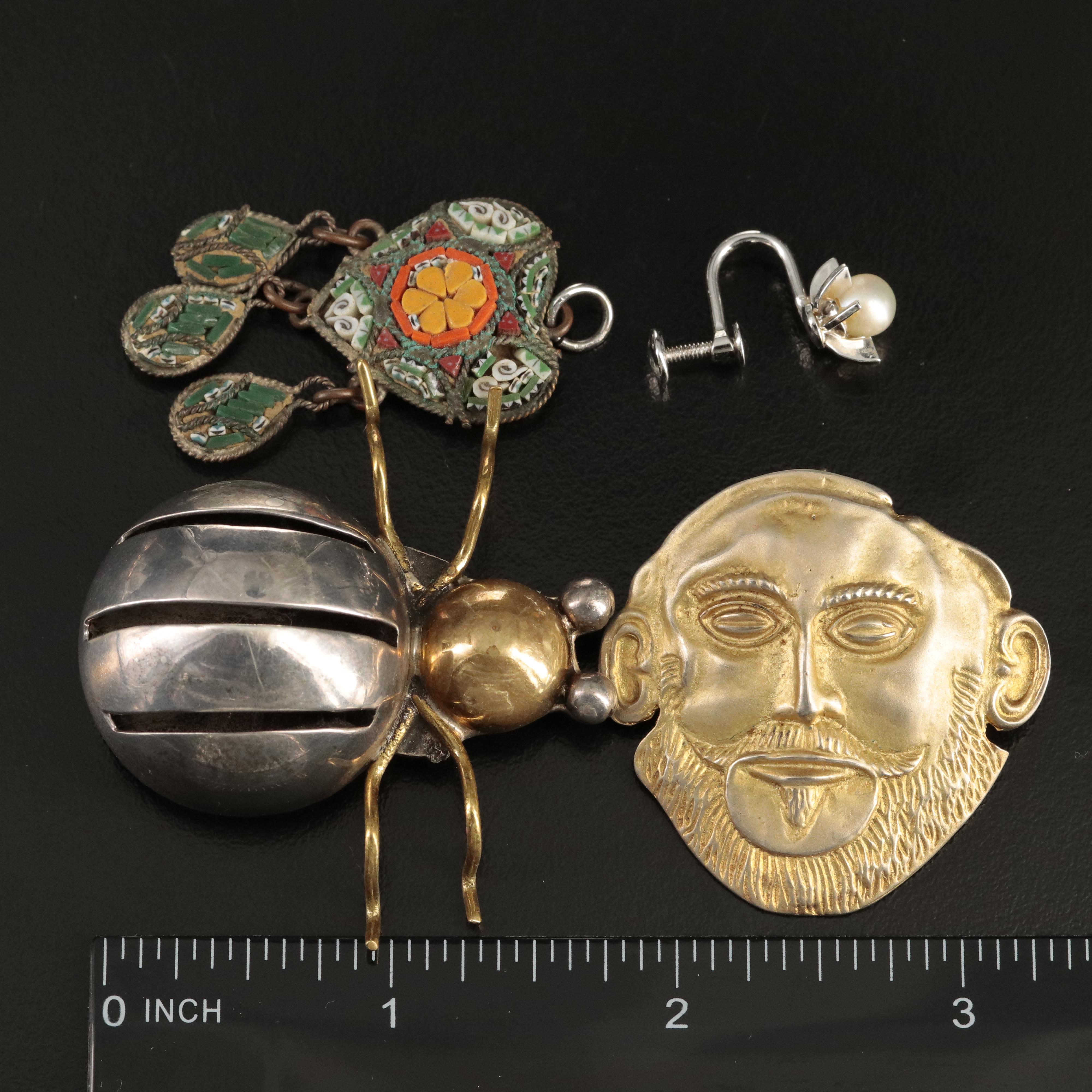 Sterling and 835 Silver Grouping Including Insect, Turtle and Mask