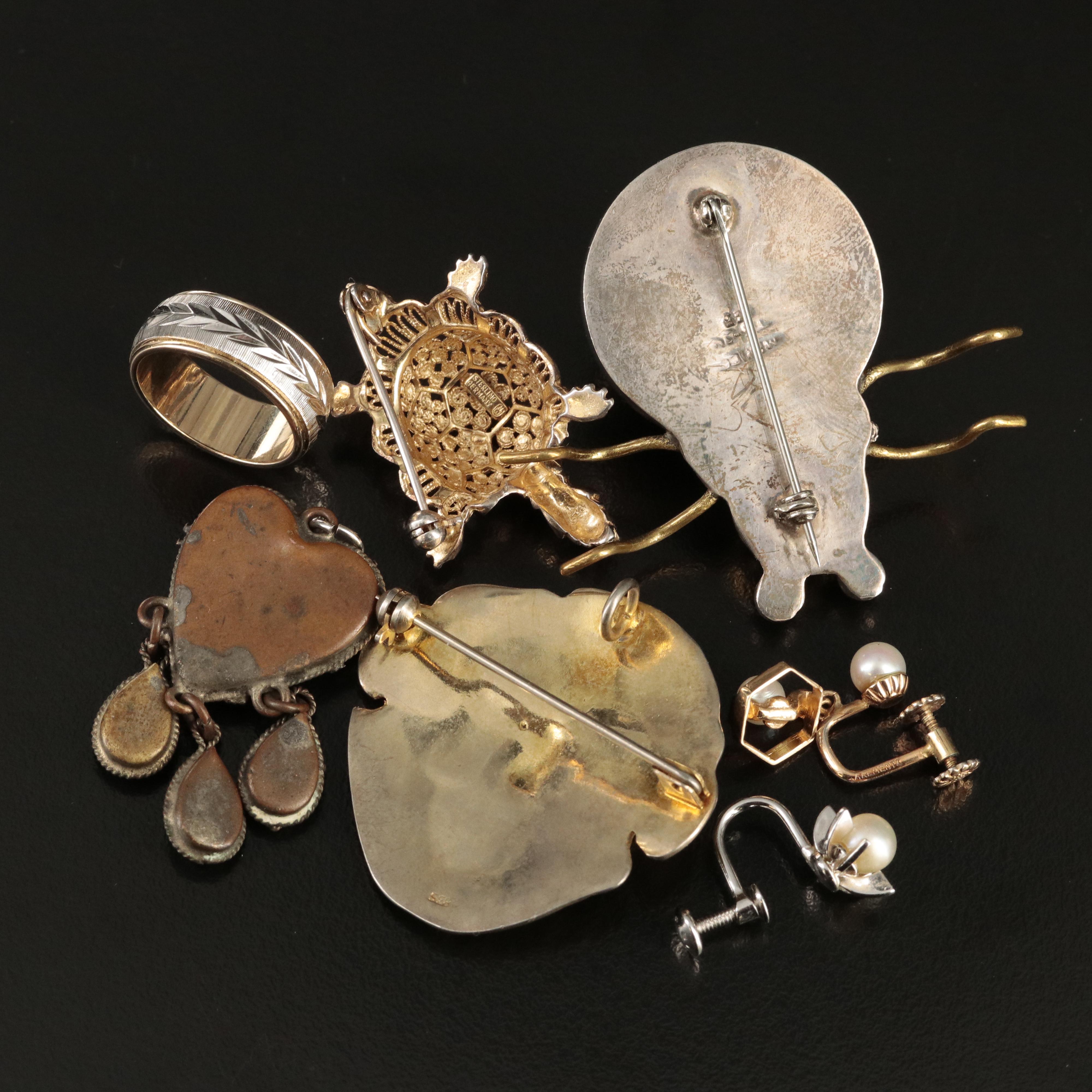 Sterling and 835 Silver Grouping Including Insect, Turtle and Mask