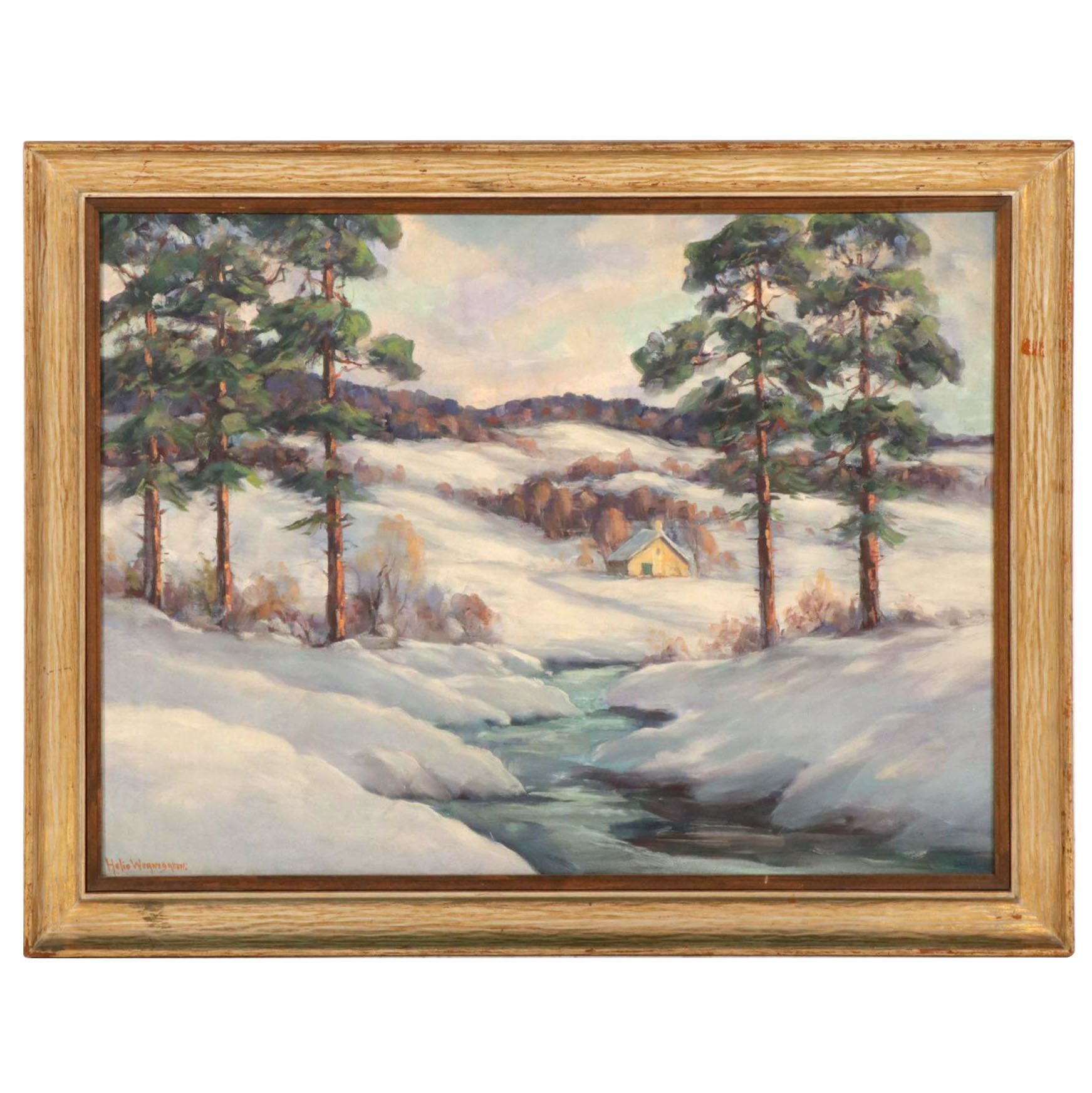 Helio Wernegreen Oil Painting of Snowbound Cottage and Creek, Circa 1965
