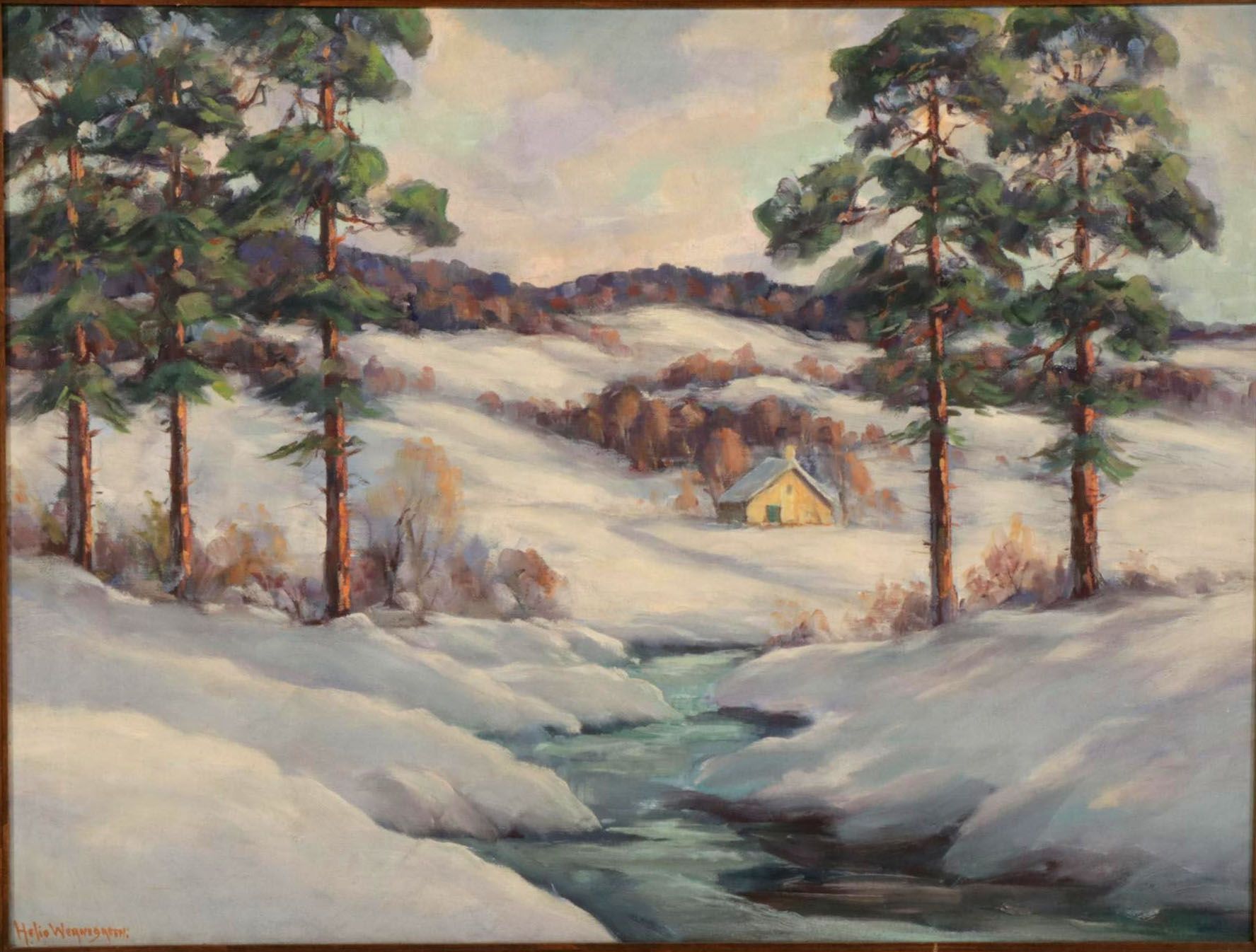 Helio Wernegreen Oil Painting of Snowbound Cottage and Creek, Circa 1965
