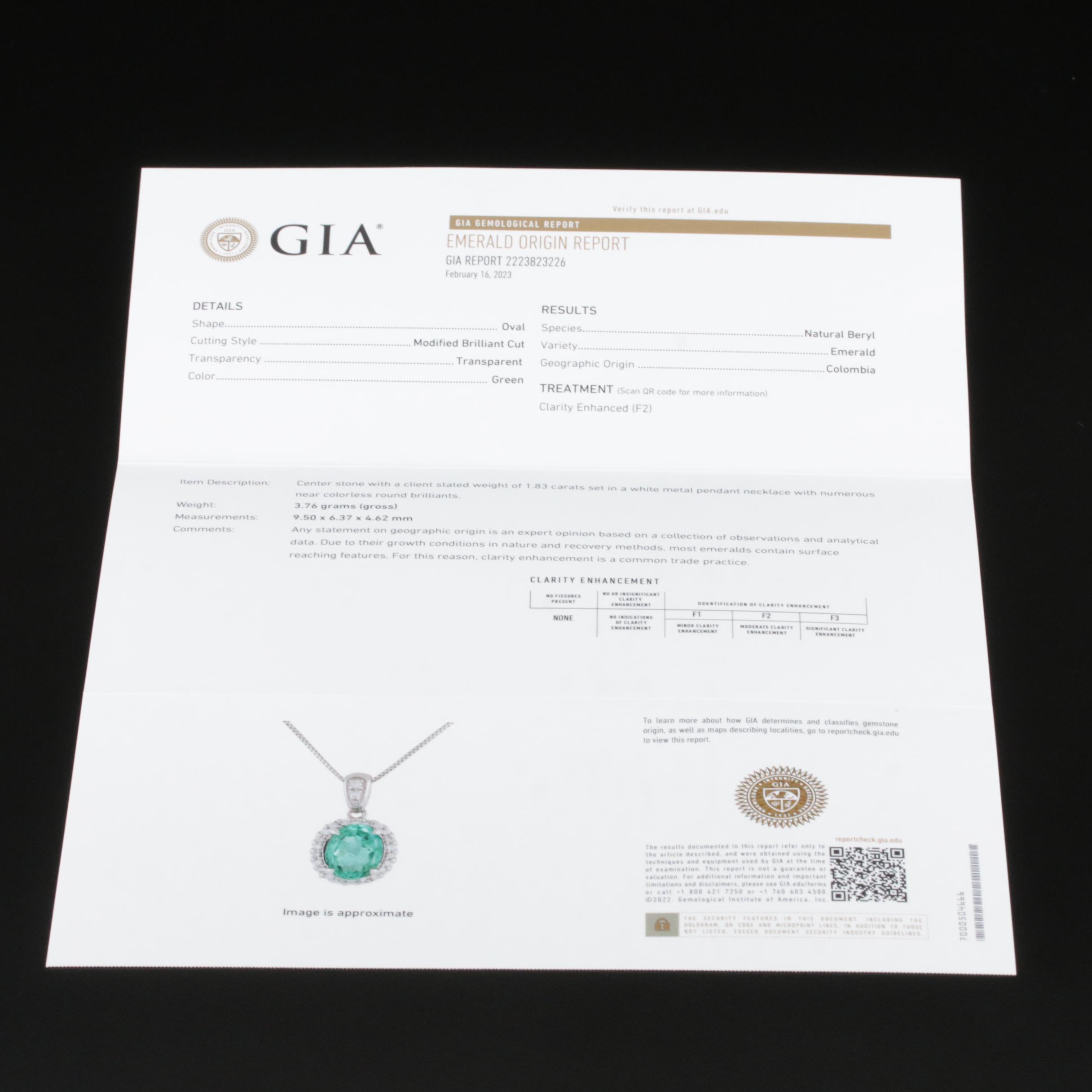 18K 1.83 CTW Emerald and Diamond Pendant Necklace with GIA Report