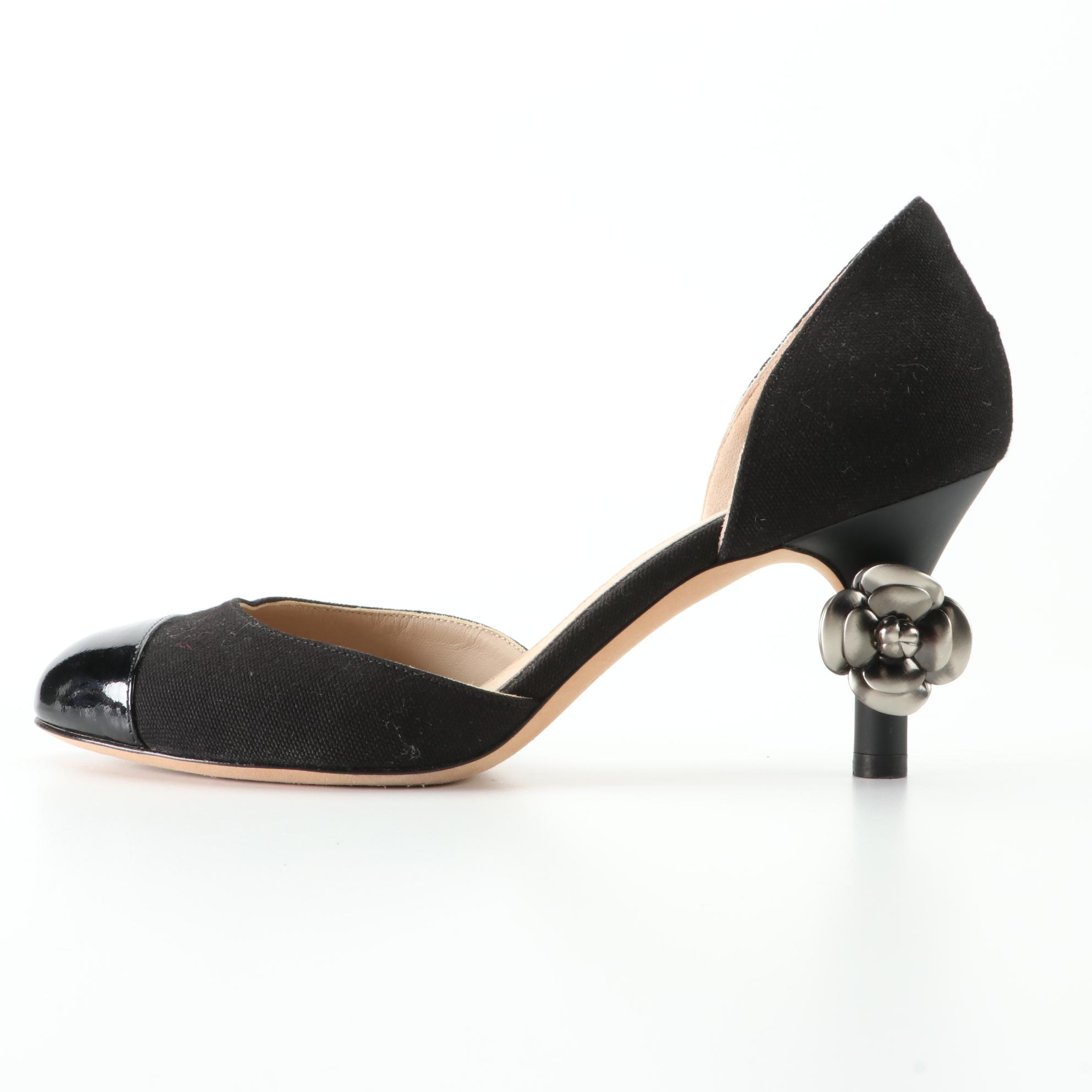 Chanel d'Orsay Pumps with Camellia Heel in Faille and Patent Leather