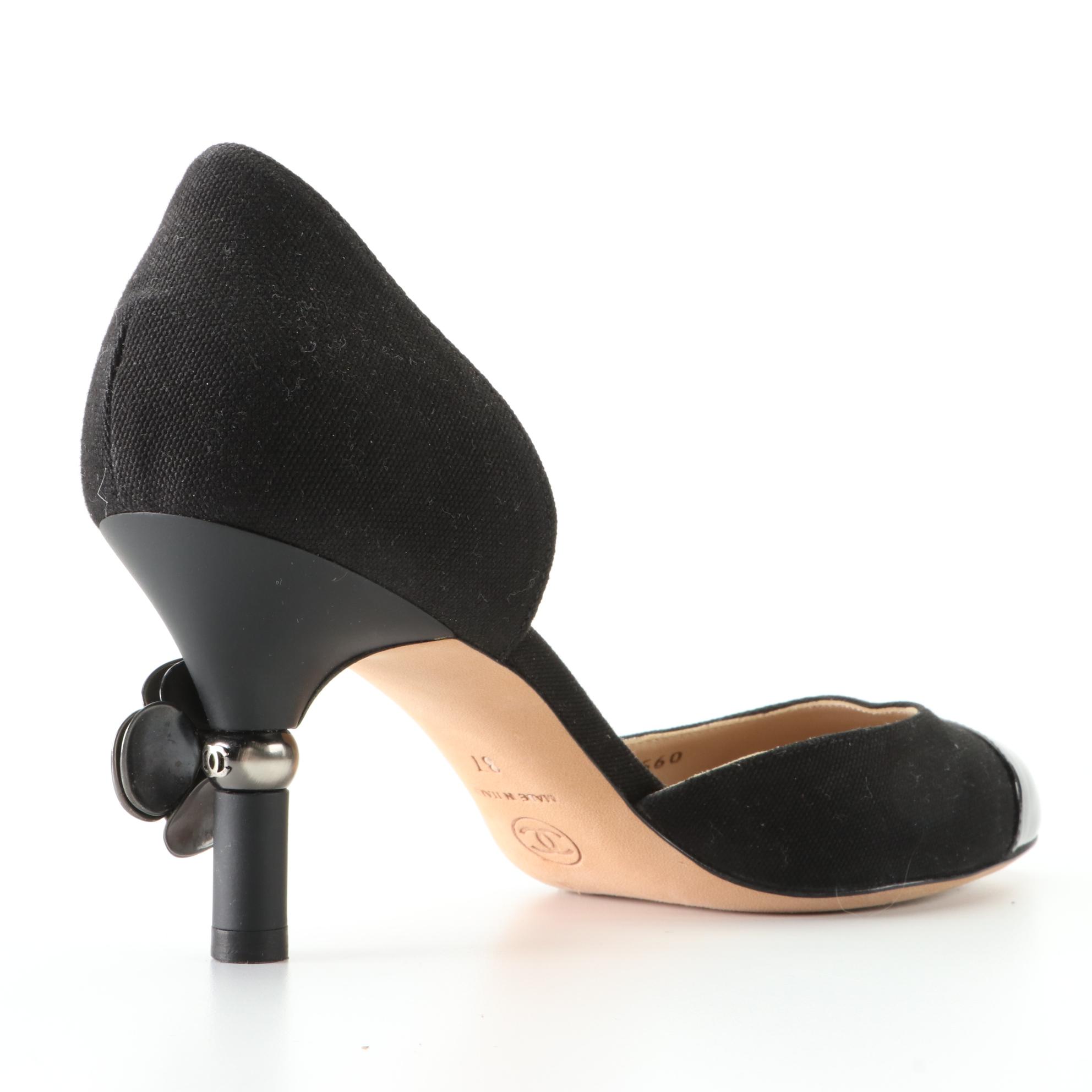 Chanel d'Orsay Pumps with Camellia Heel in Faille and Patent Leather