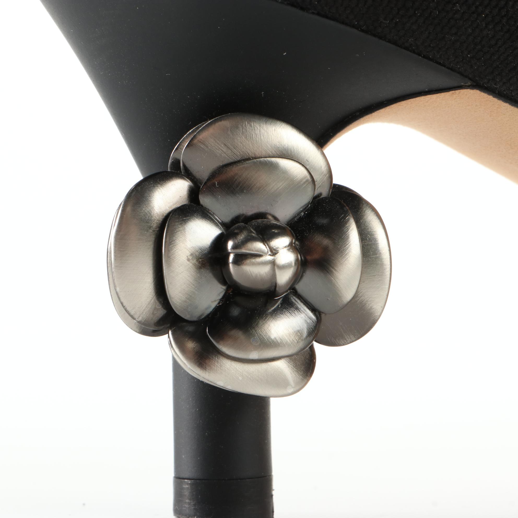 Chanel d'Orsay Pumps with Camellia Heel in Faille and Patent Leather