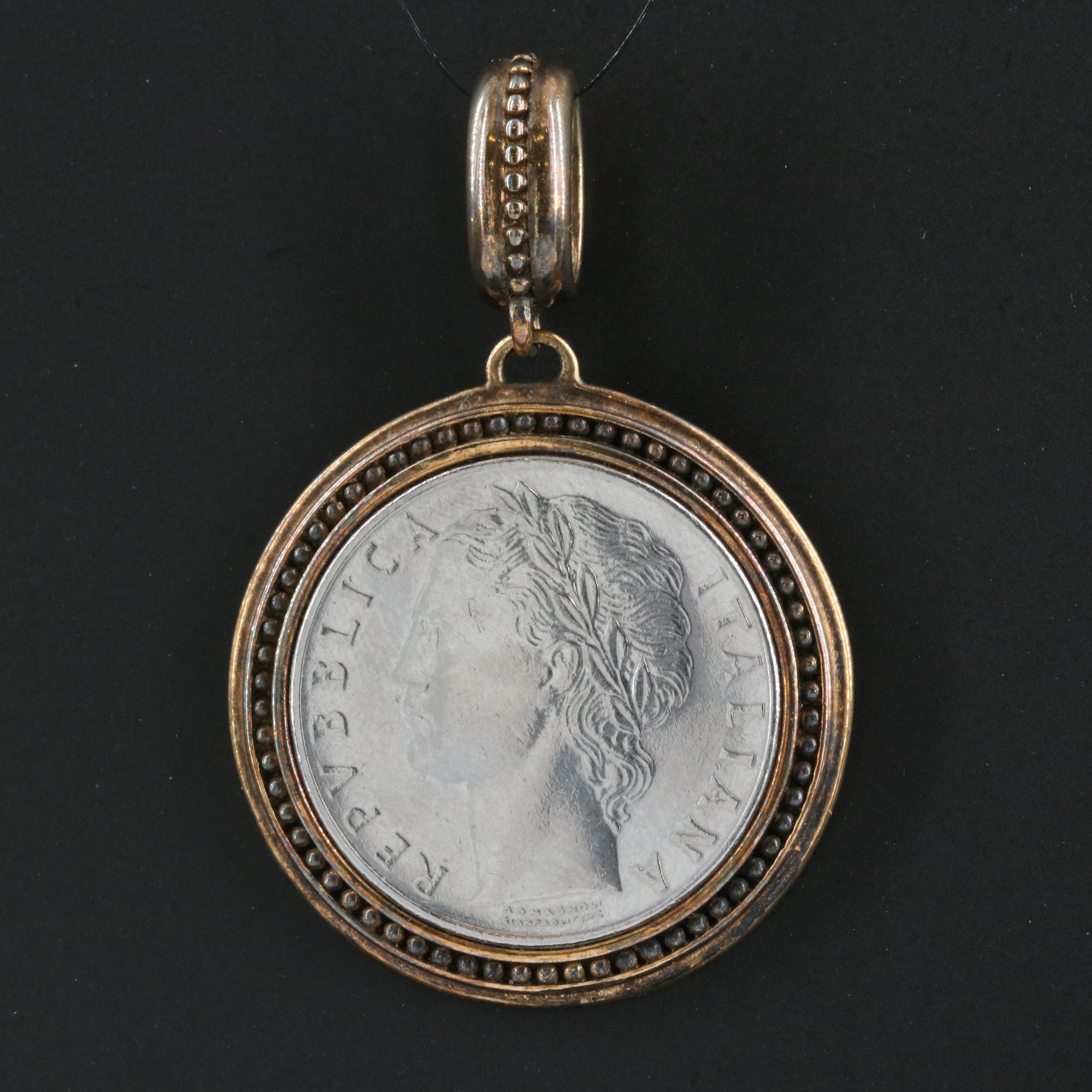 Italian Sterling Pendant with 1977 Italy 100-Lire Coin