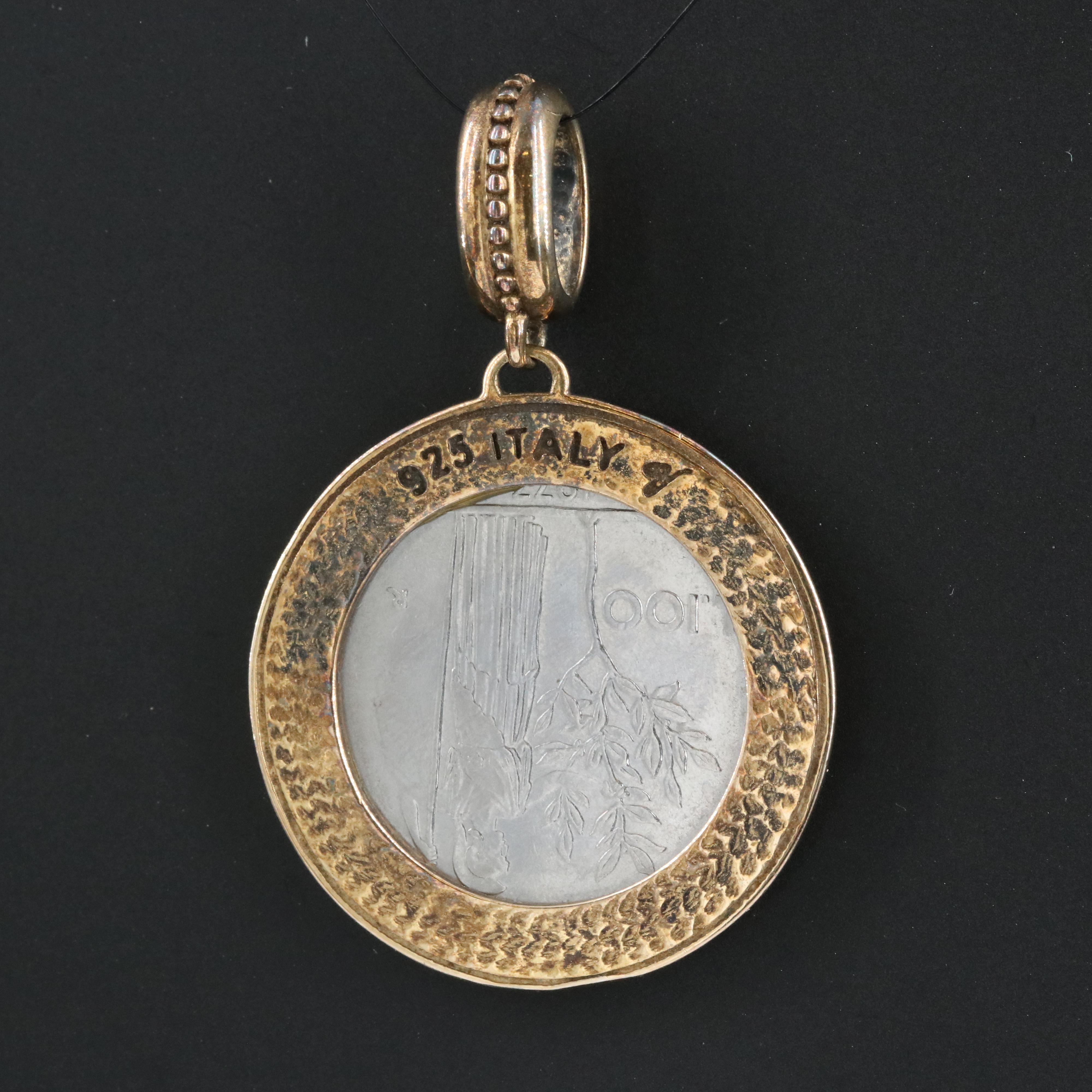 Italian Sterling Pendant with 1977 Italy 100-Lire Coin