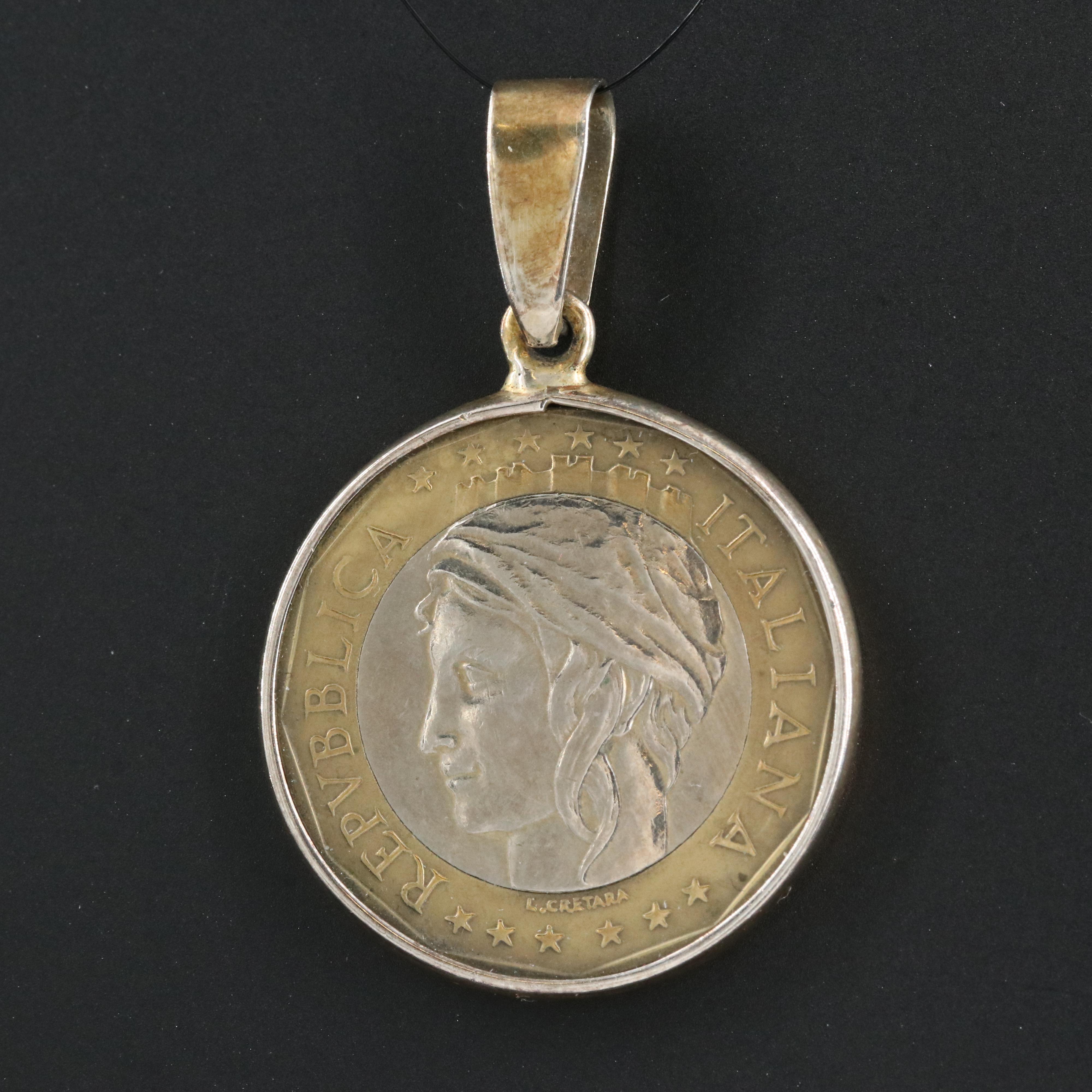 Sterling Pendant Including 1998 Italian 1000-Lire Coin