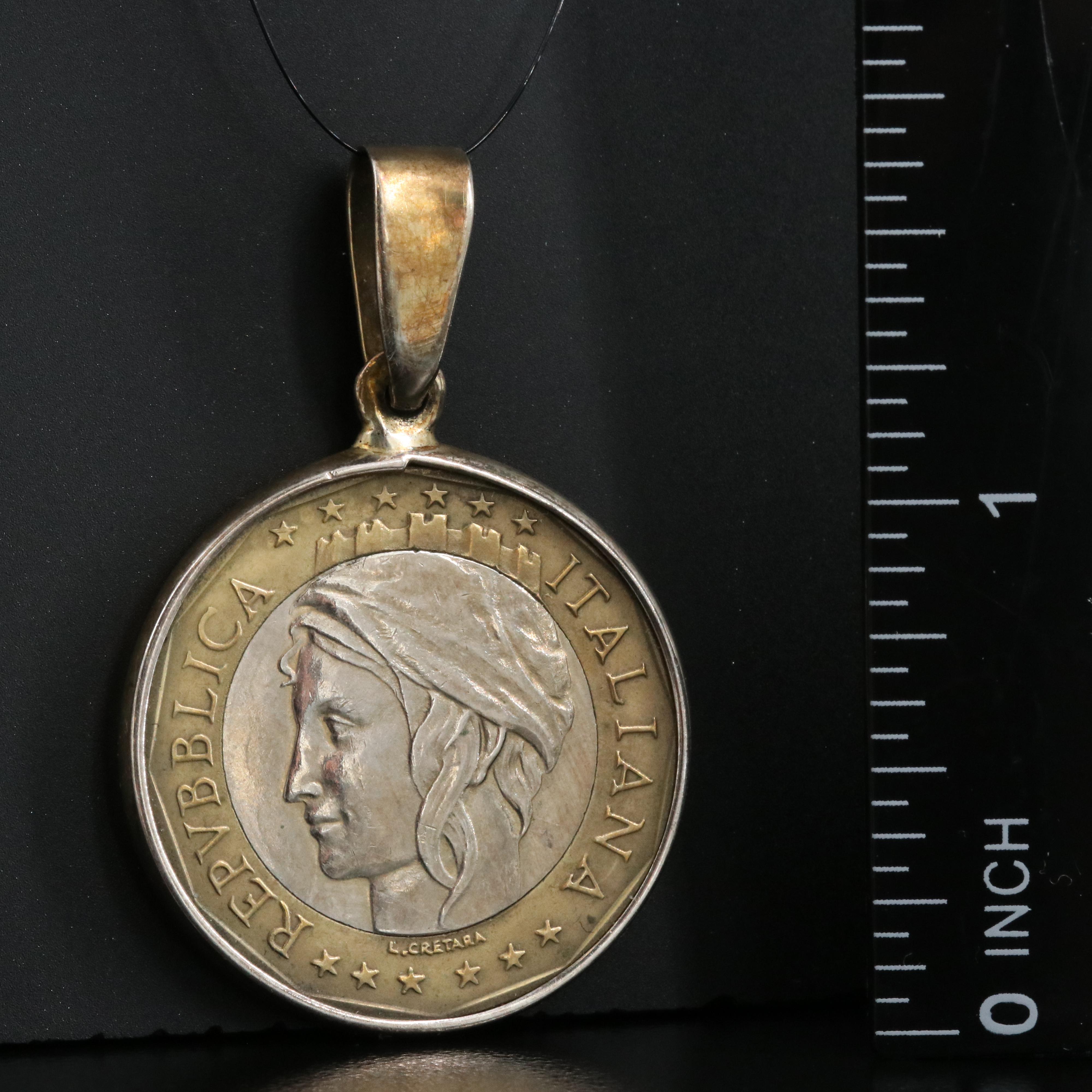 Sterling Pendant Including 1998 Italian 1000-Lire Coin