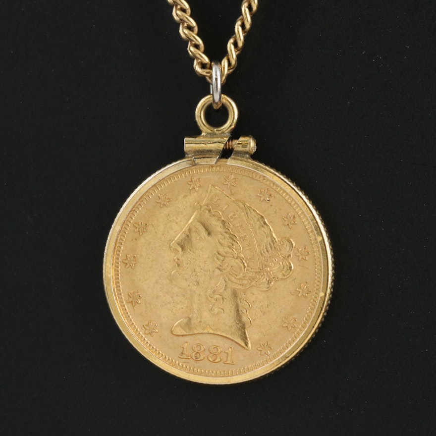 1881 Liberty Head $5 Gold Half Eagle Pendant Necklace