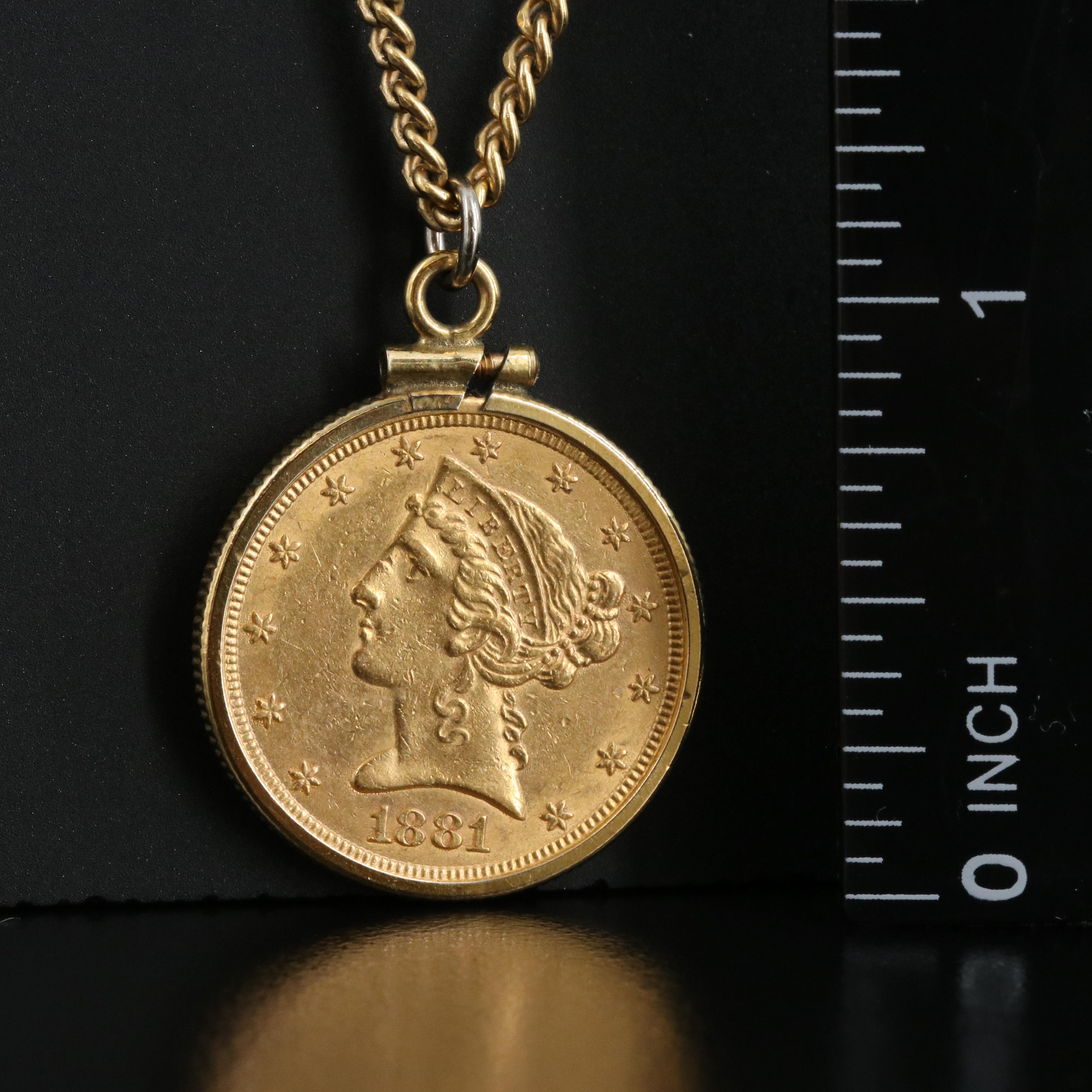 1881 Liberty Head $5 Gold Half Eagle Pendant Necklace