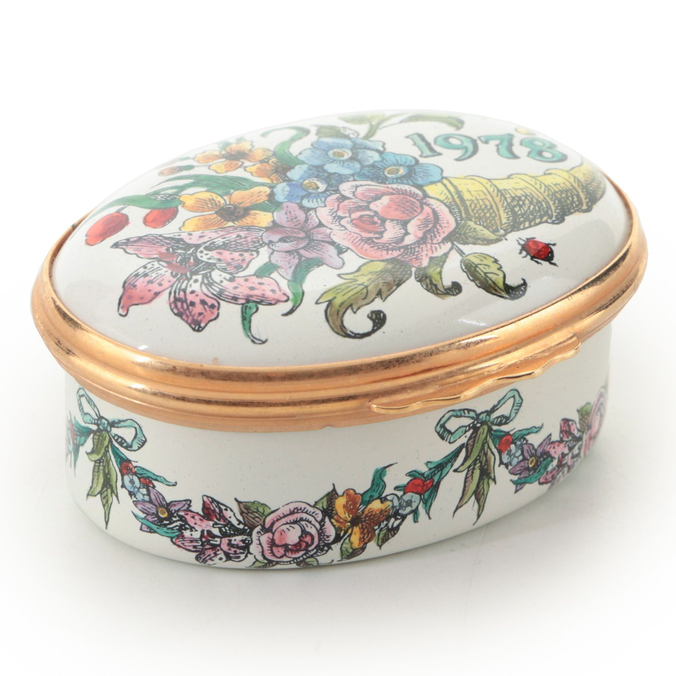 Bilston & Battersea Hand Colored Enameled Copper Oval Box, 1978