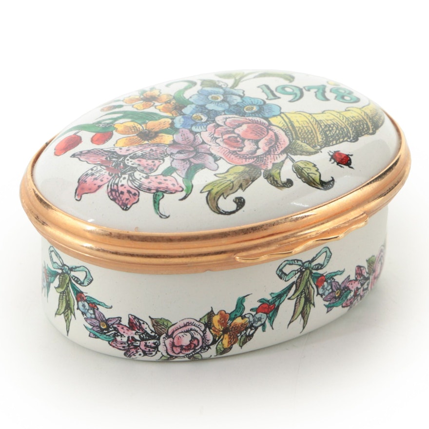 Bilston & Battersea Hand Colored Enameled Copper Oval Box, 1978