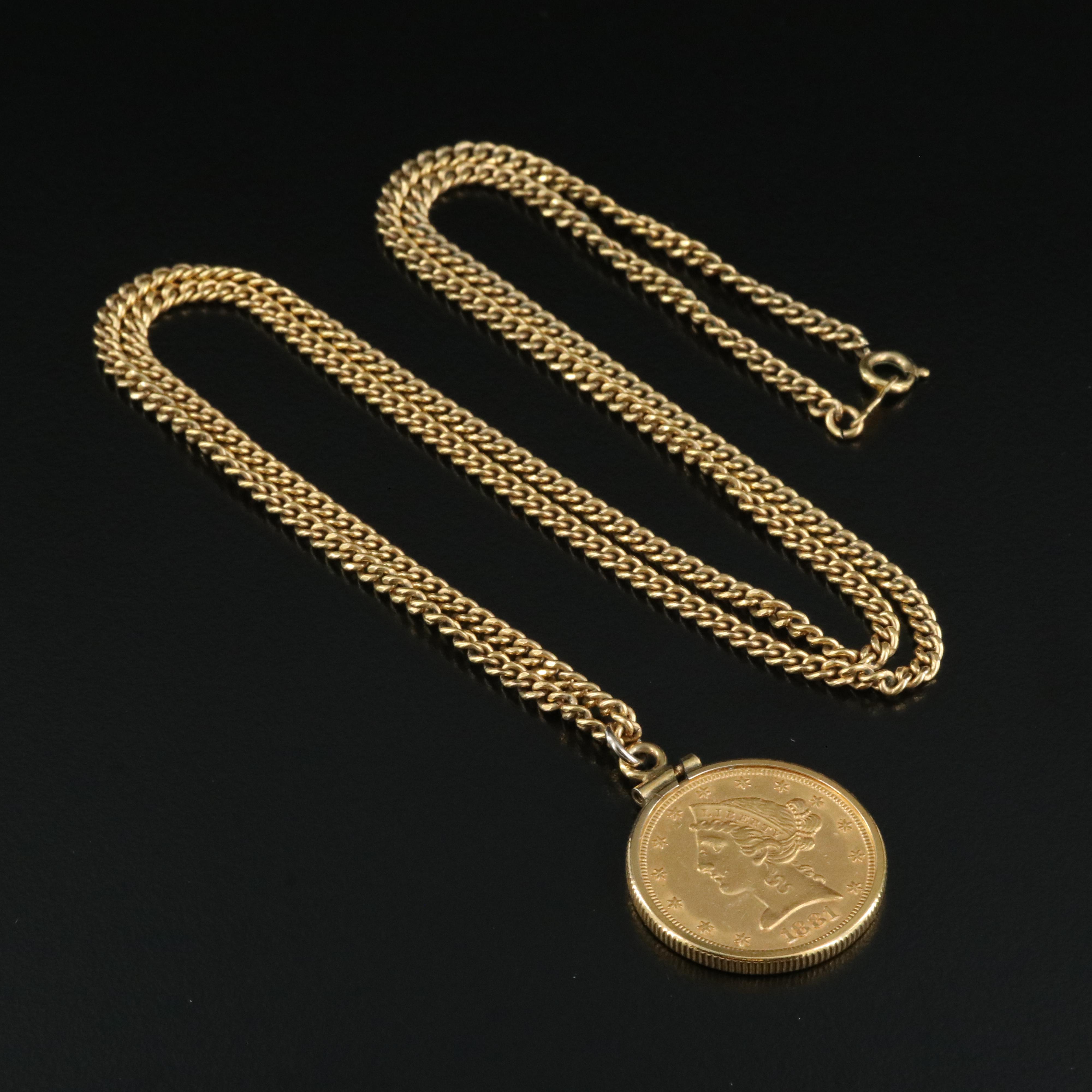 1881 Liberty Head $5 Gold Half Eagle Pendant Necklace