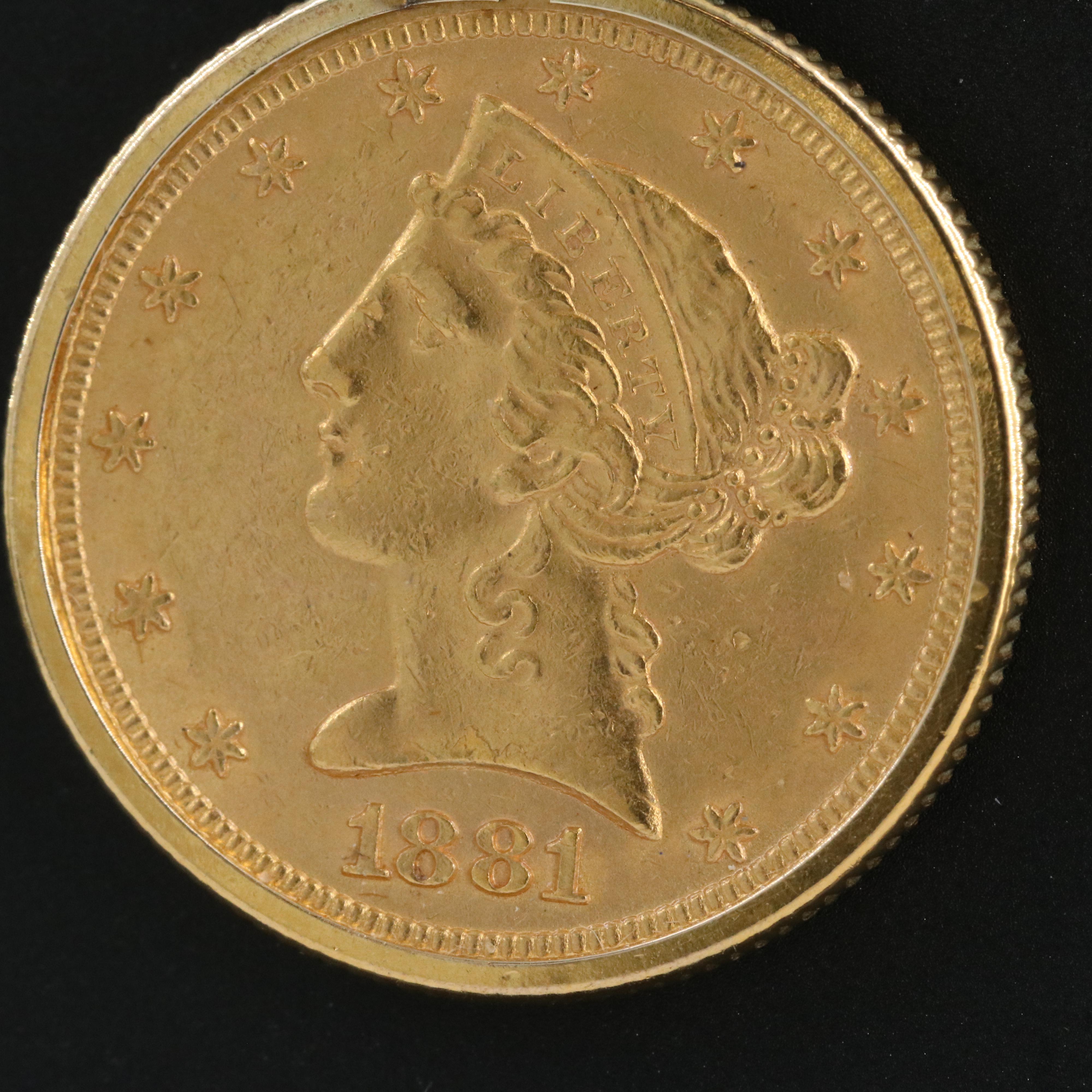 1881 Liberty Head $5 Gold Half Eagle Pendant Necklace
