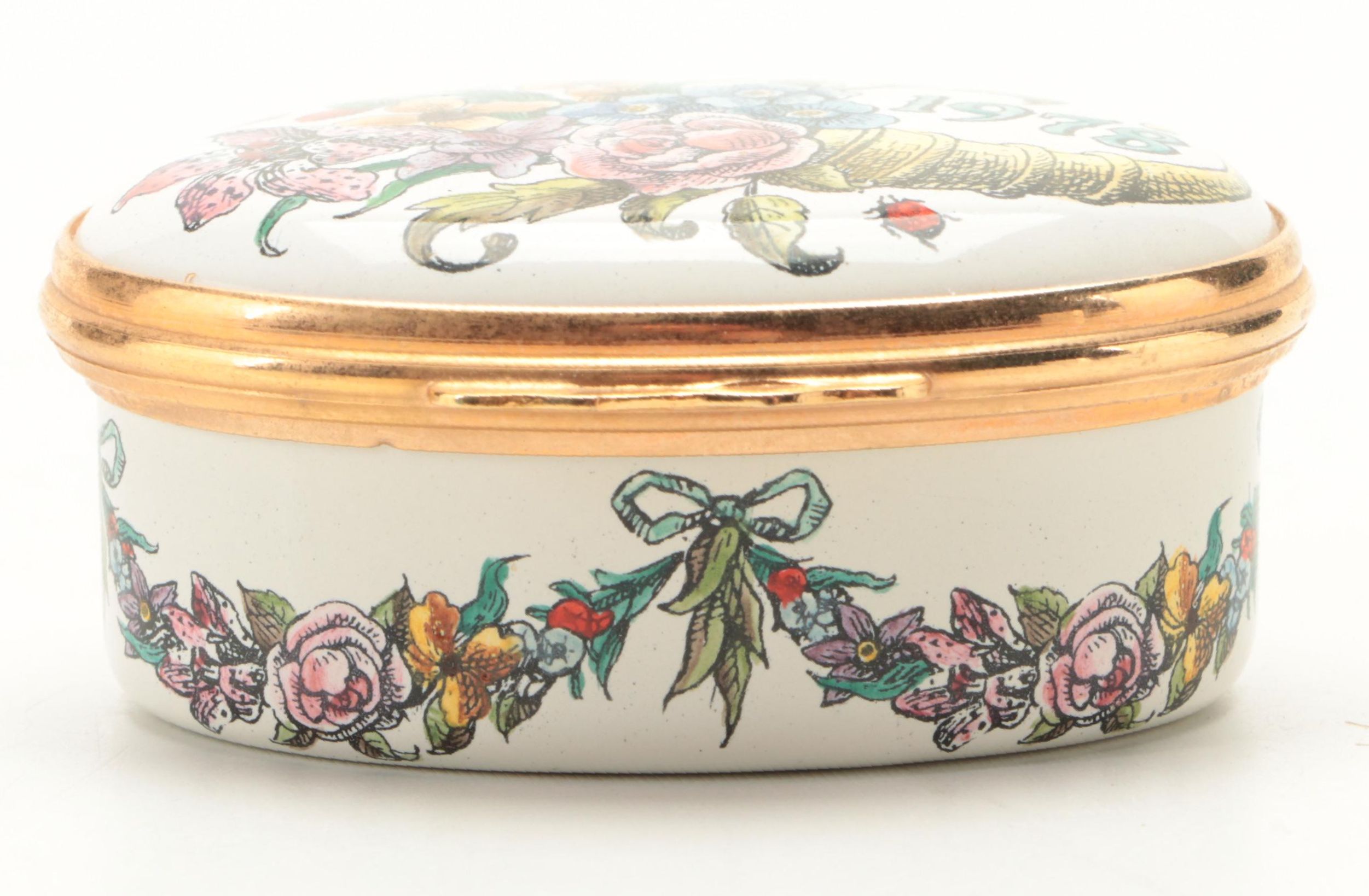 Bilston & Battersea Hand Colored Enameled Copper Oval Box, 1978