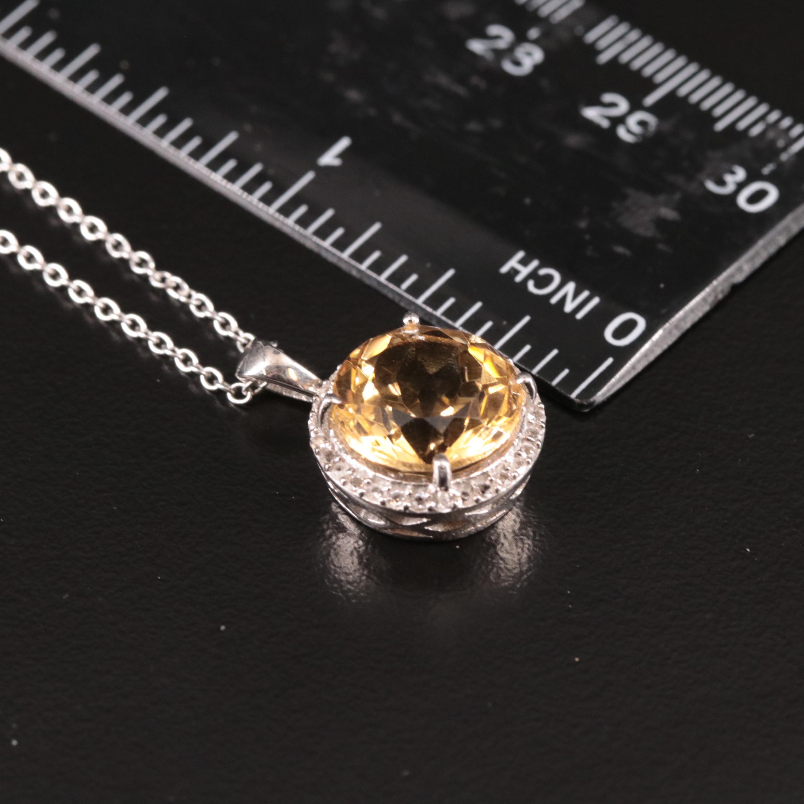 Sterling Citrine and White Topaz Halo Pendant Necklace