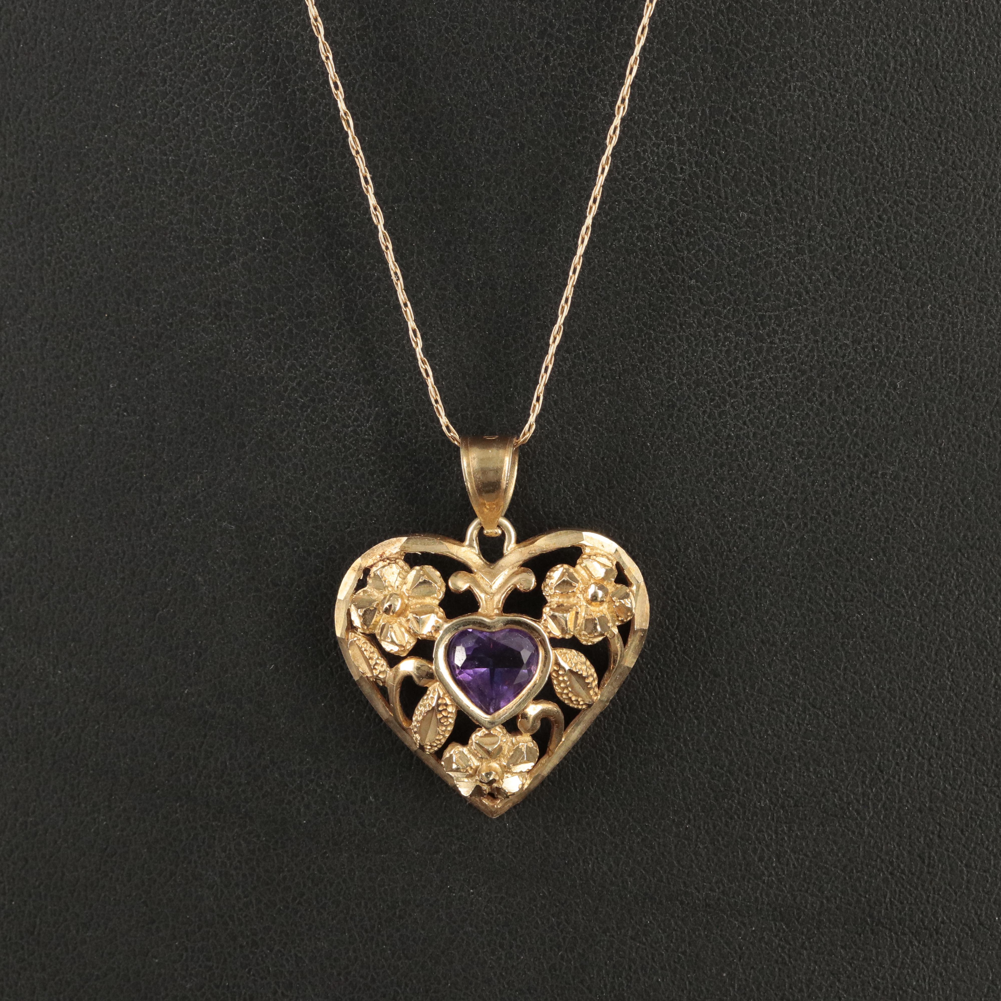 10K Amethyst Heart Pendant on 14K Chain Necklace