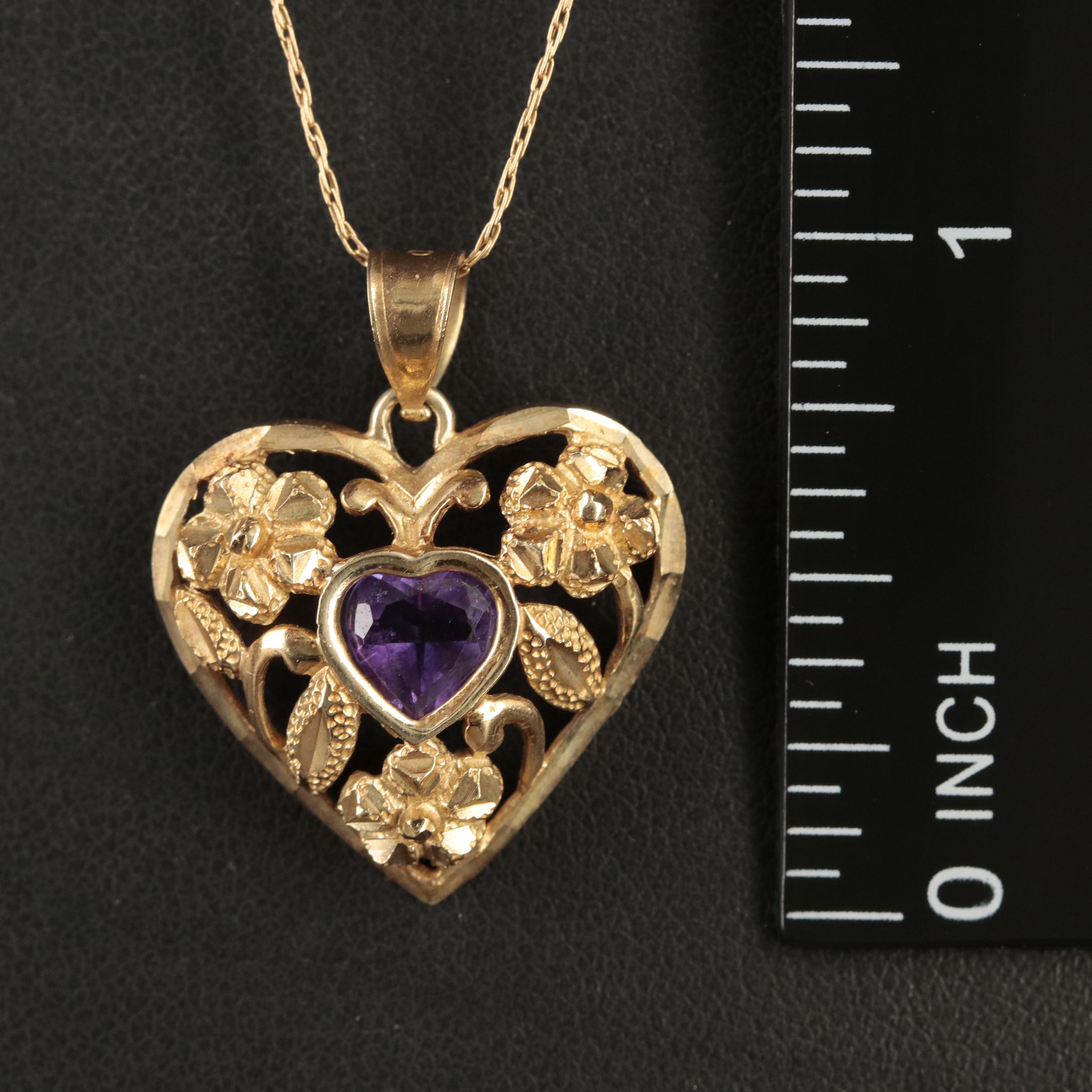 10K Amethyst Heart Pendant on 14K Chain Necklace