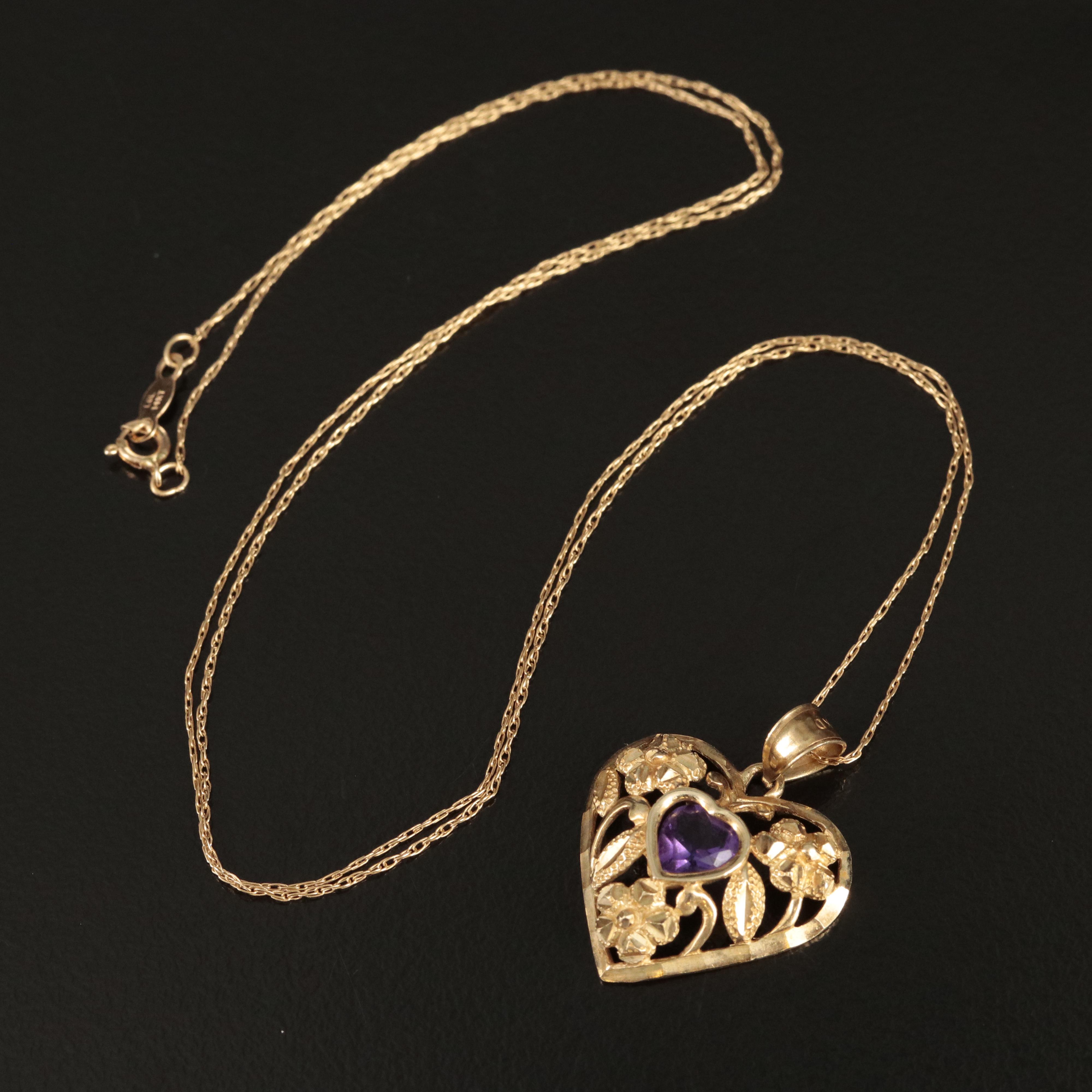10K Amethyst Heart Pendant on 14K Chain Necklace