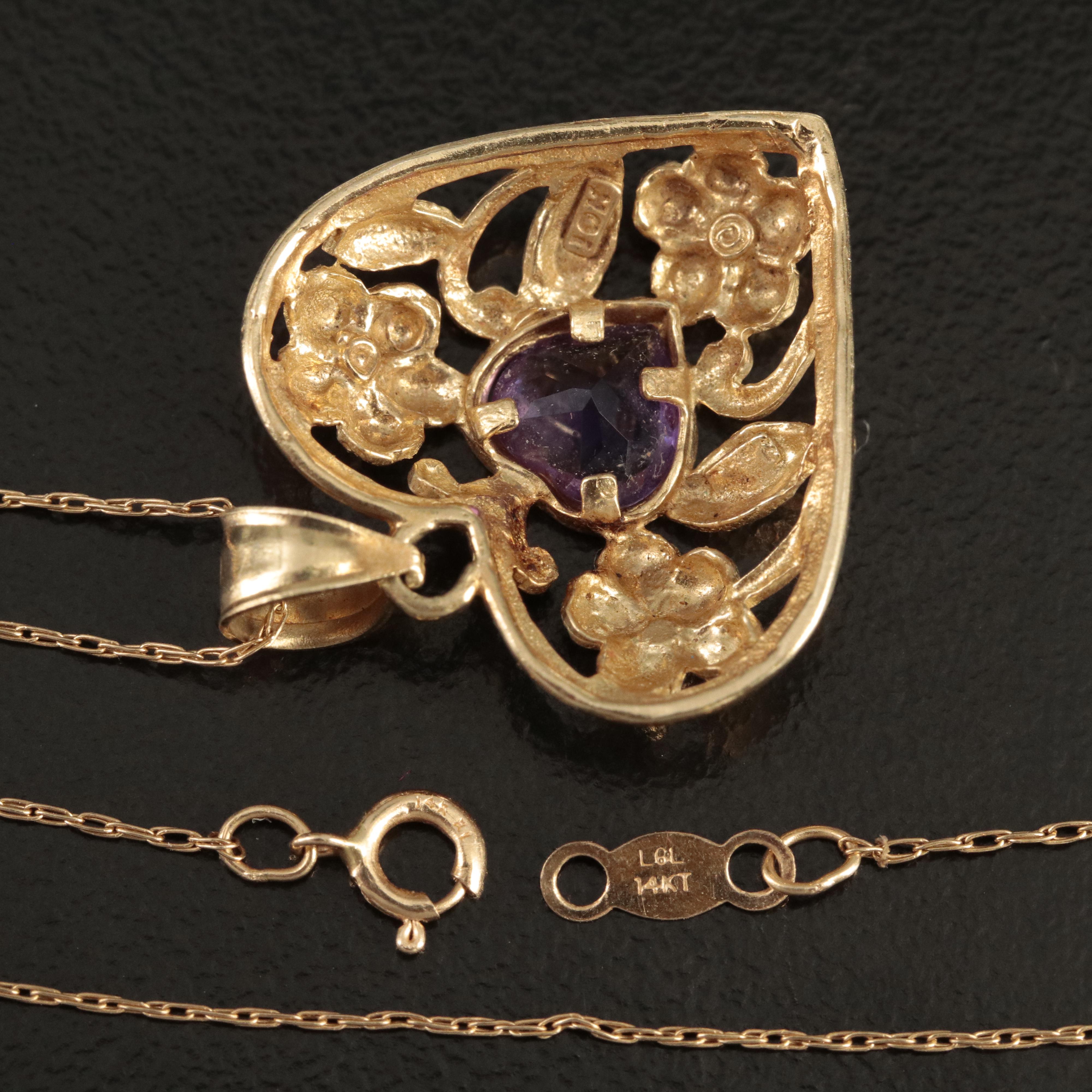 10K Amethyst Heart Pendant on 14K Chain Necklace