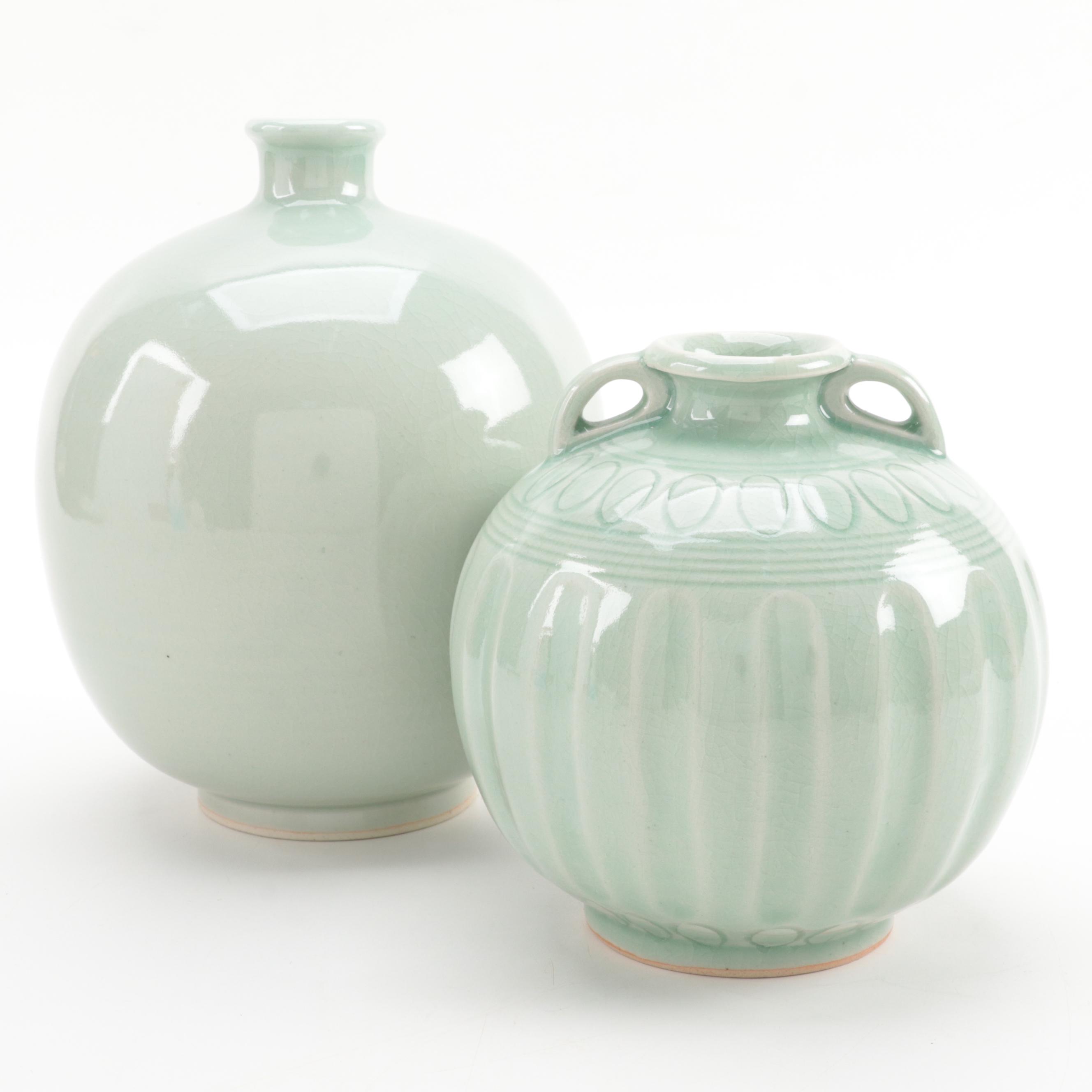 Two Celadon Glazed Small Mouth Vases