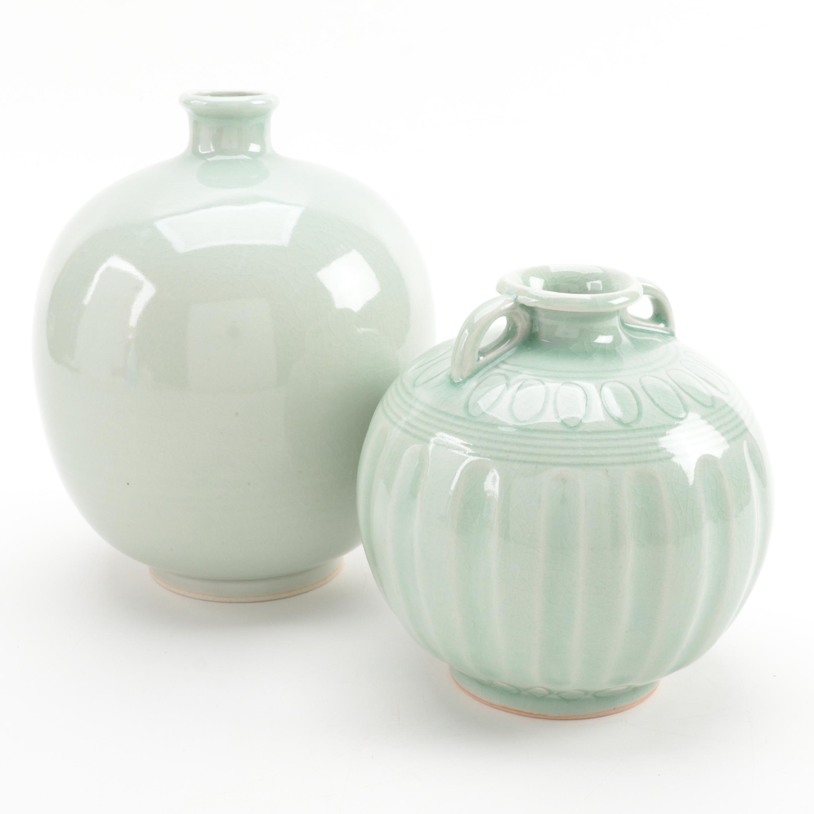 Two Celadon Glazed Small Mouth Vases
