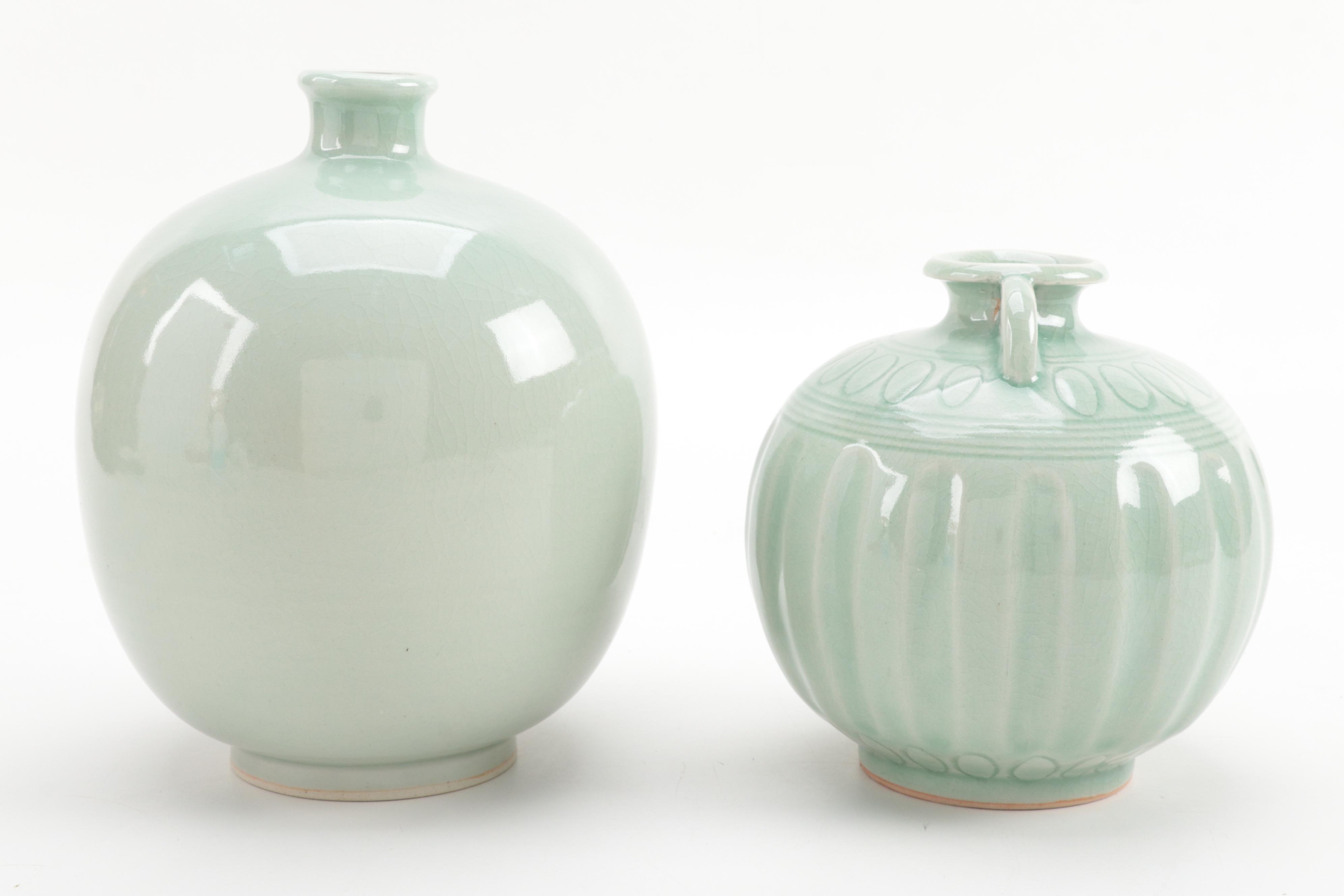 Two Celadon Glazed Small Mouth Vases