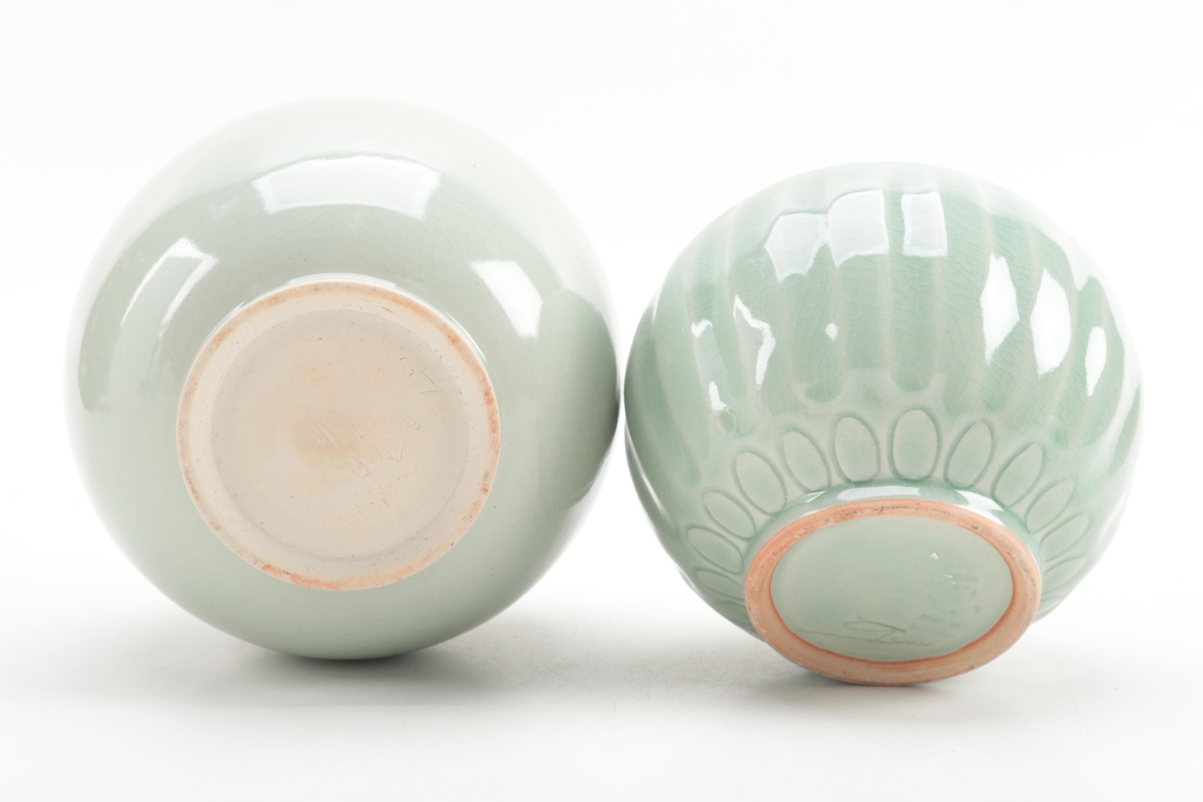 Two Celadon Glazed Small Mouth Vases