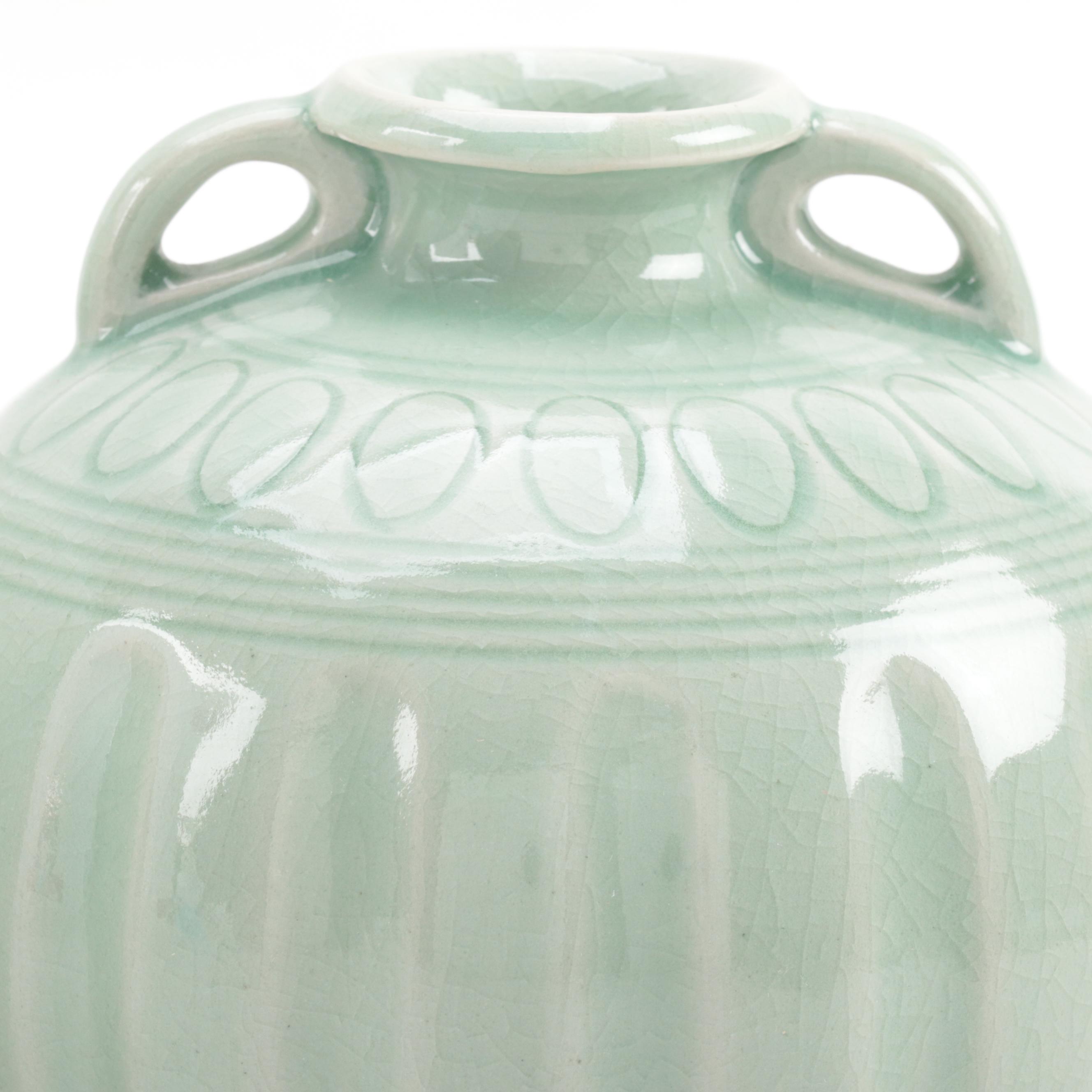 Two Celadon Glazed Small Mouth Vases