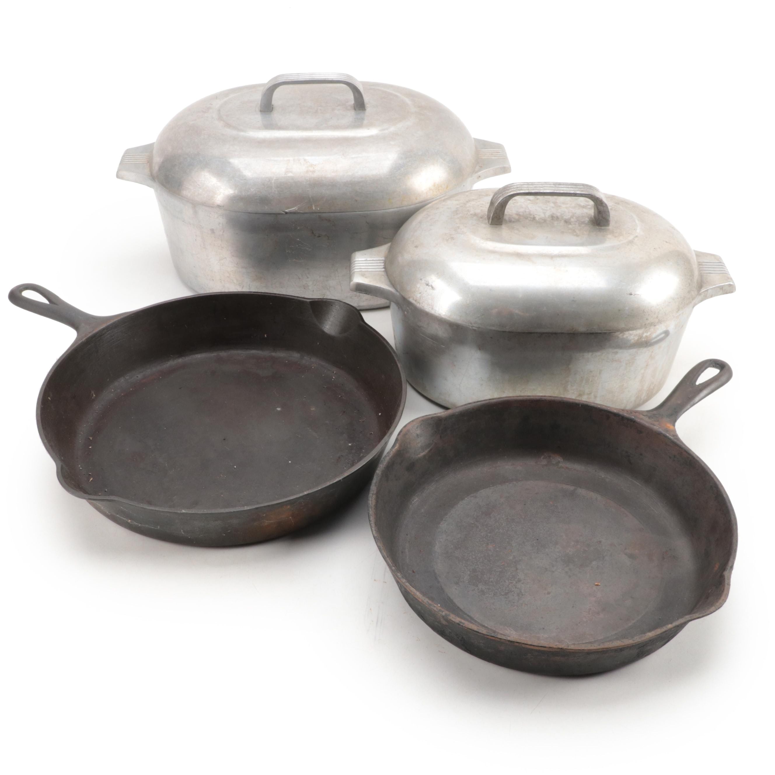 Griswold and Wagner Iron Skillets with Magnalite Aluminum Roasting Pots