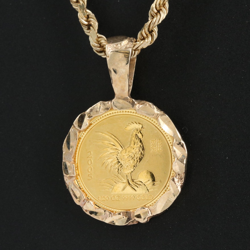 14K and 10K Necklace with 2005 Australia $5 Gold Coin, Year of Rooster