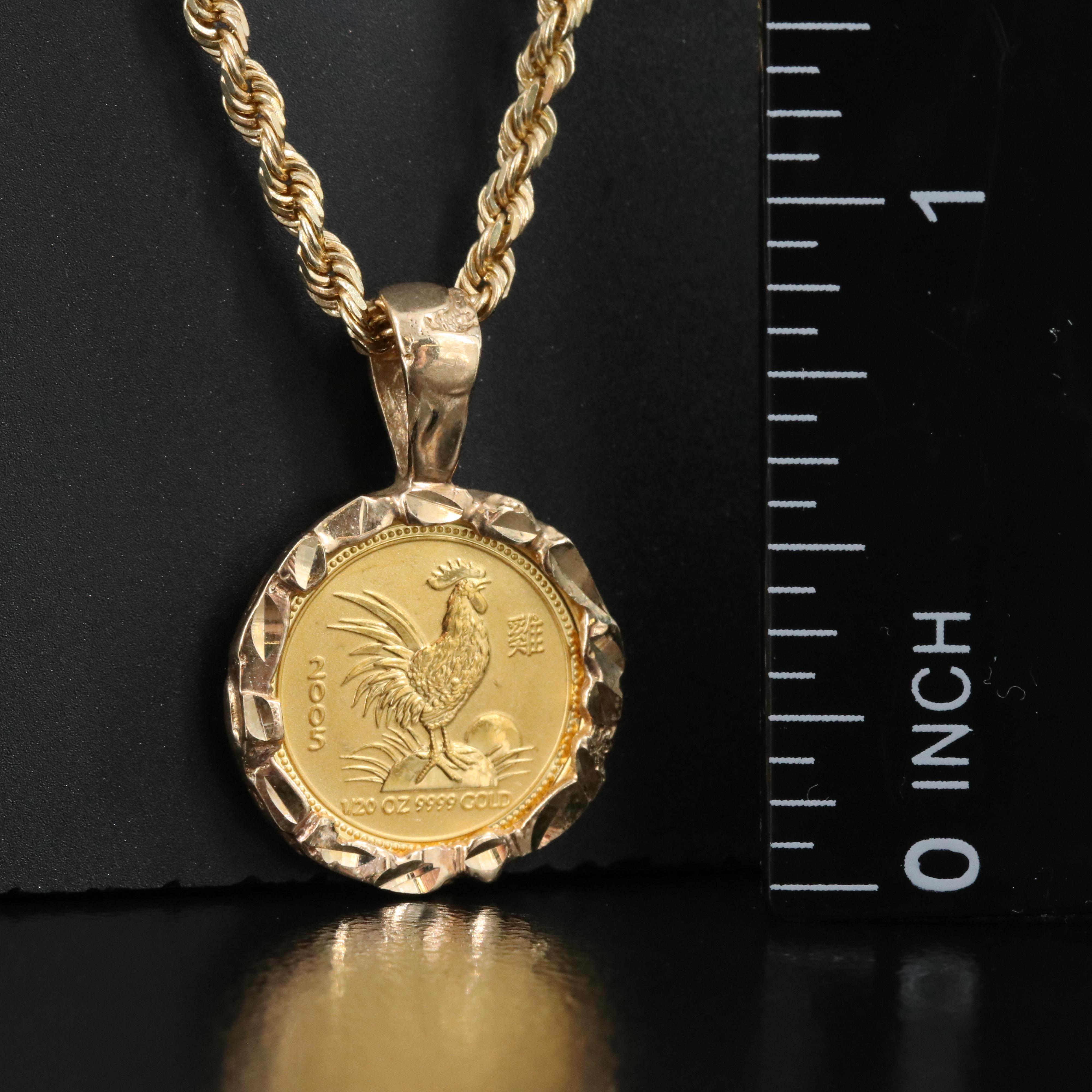 14K and 10K Necklace with 2005 Australia $5 Gold Coin, Year of Rooster