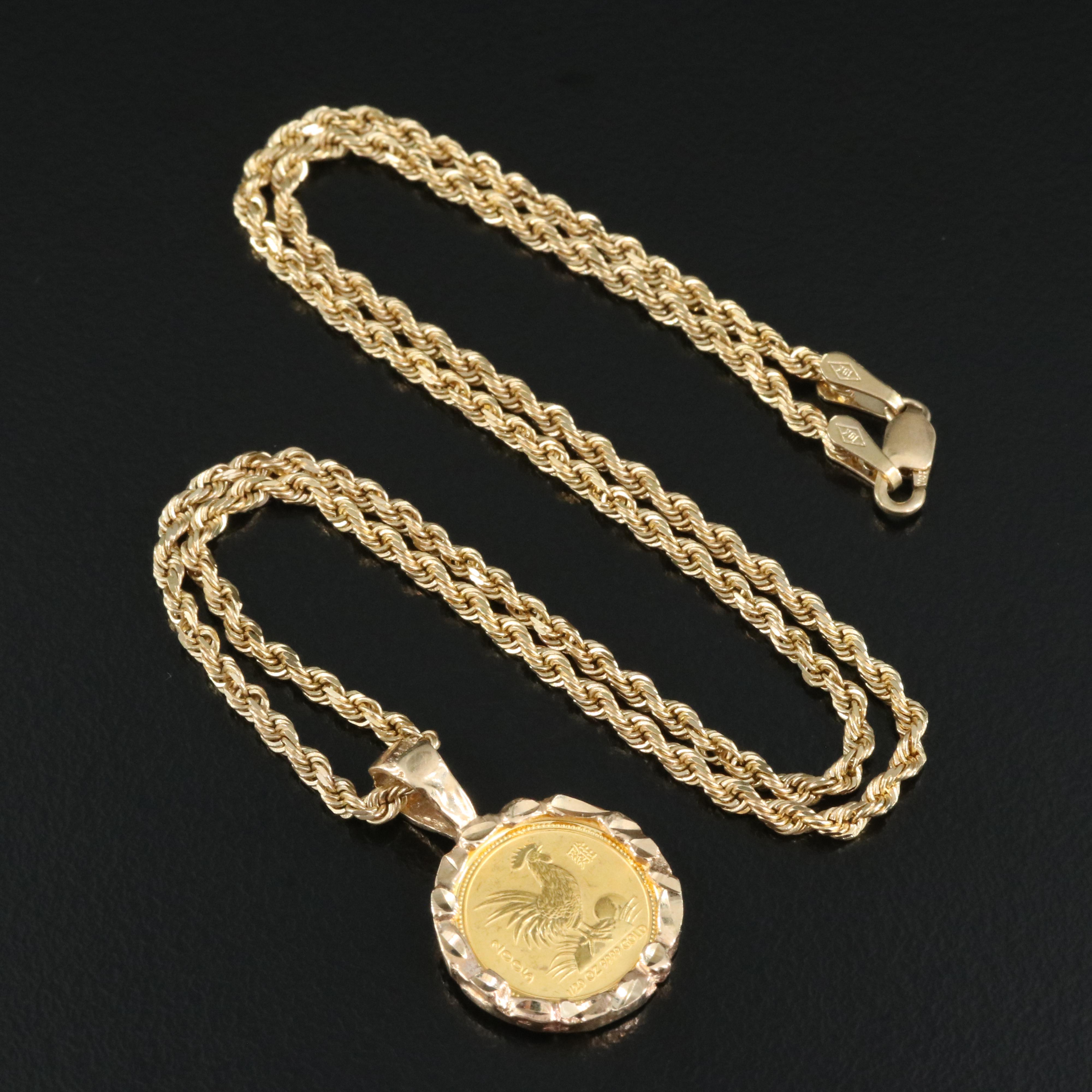 14K and 10K Necklace with 2005 Australia $5 Gold Coin, Year of Rooster