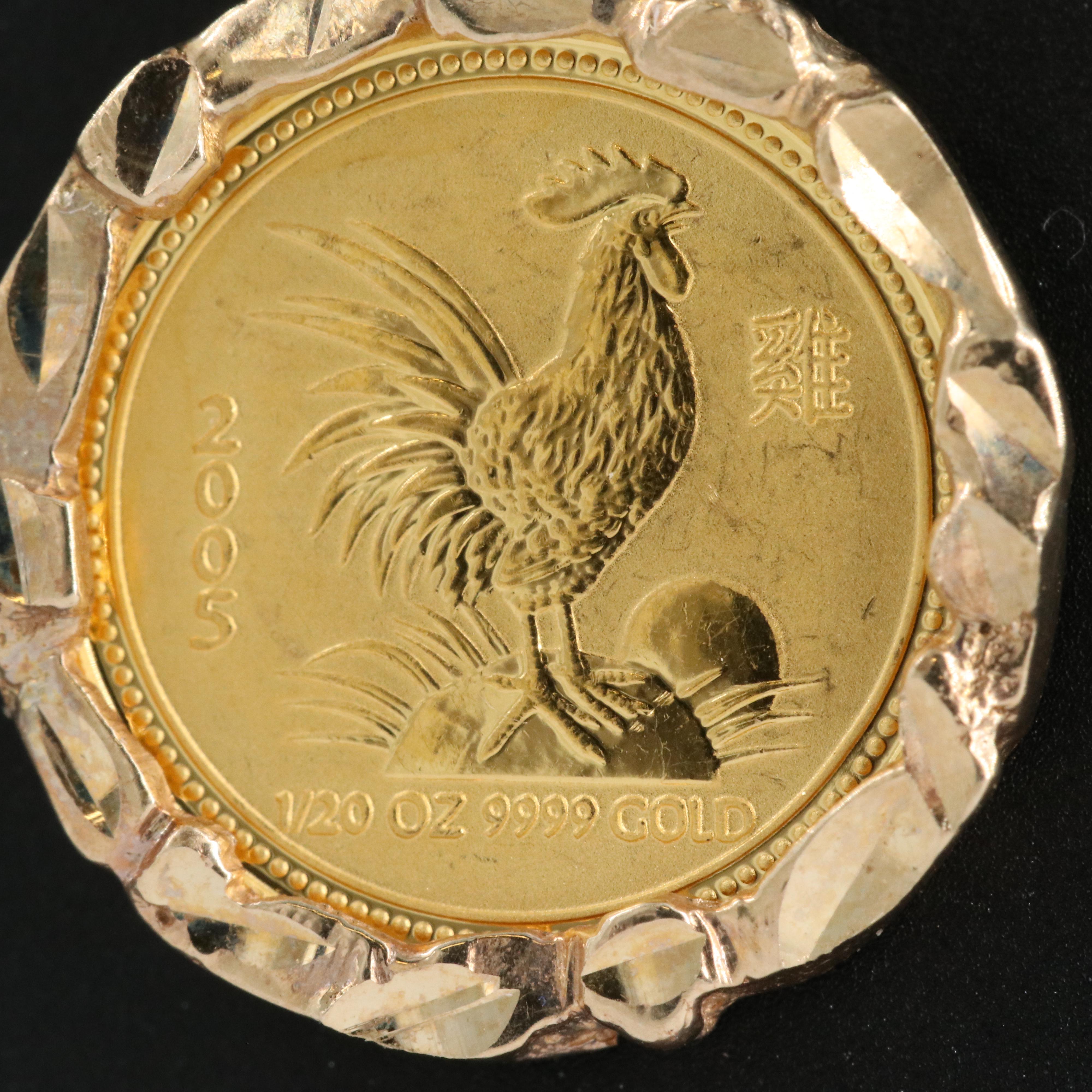 14K and 10K Necklace with 2005 Australia $5 Gold Coin, Year of Rooster