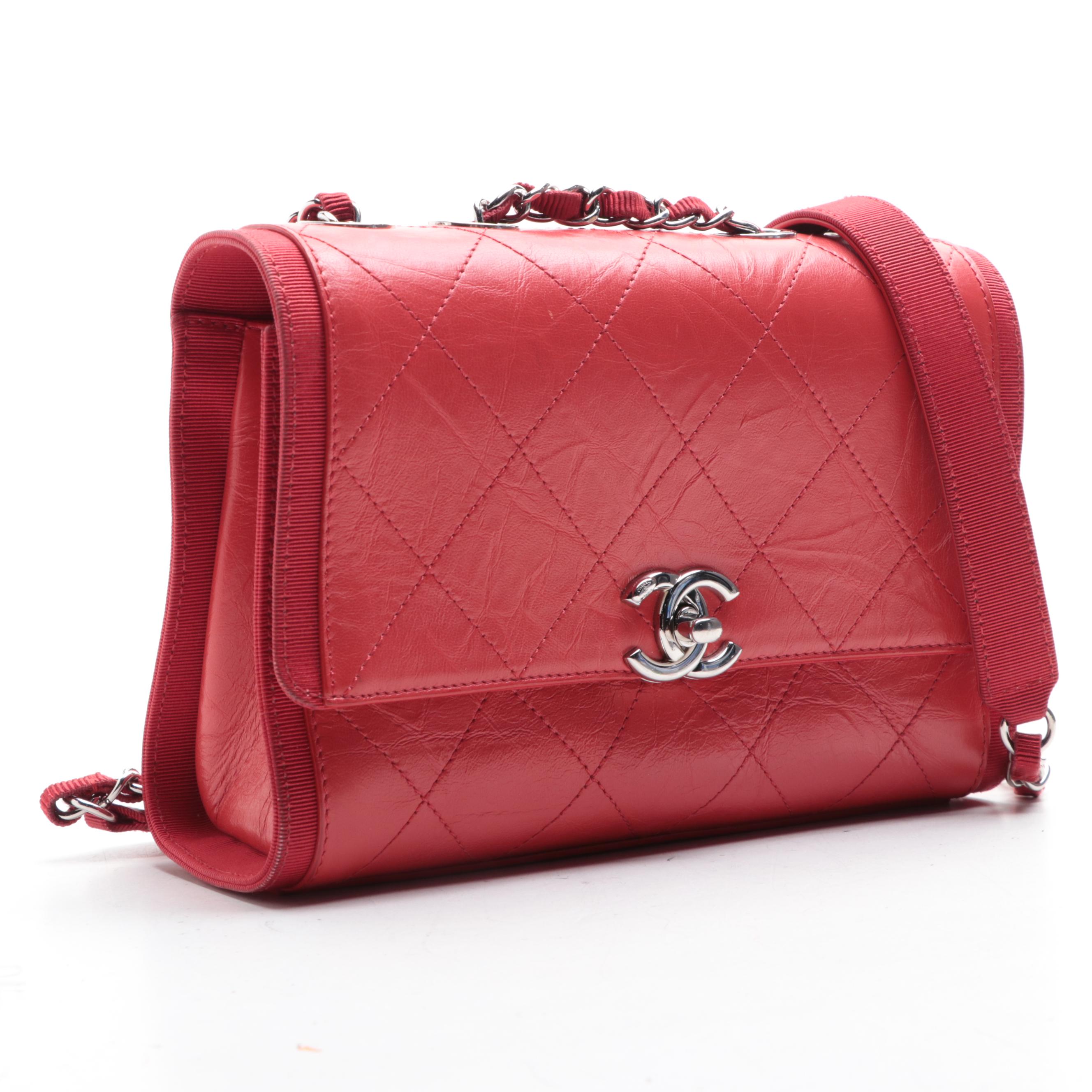 Chanel Small CC Chain Flap Bag in Quilted Crumpled Calfskin Leather/Grosgrain
