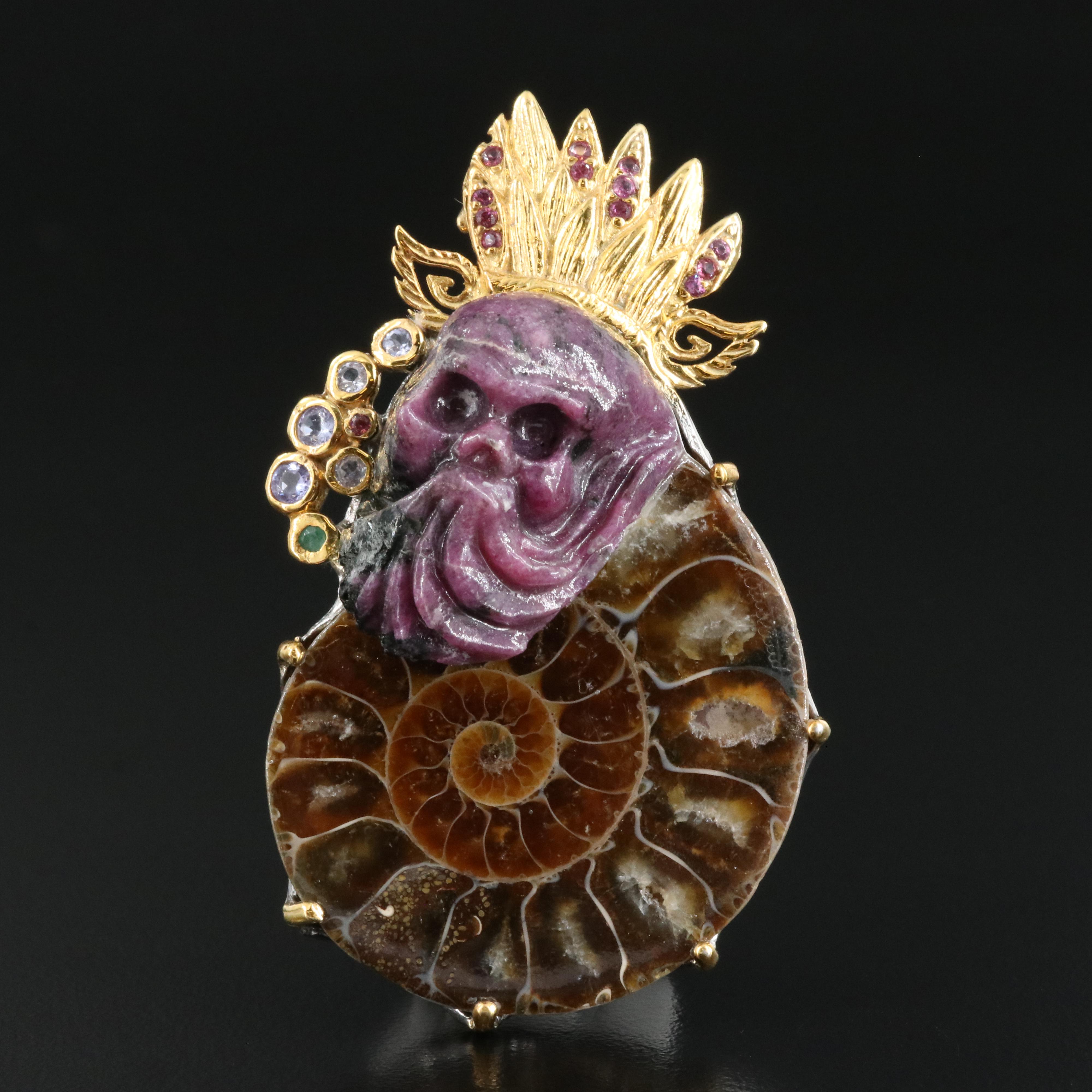 Sterling Ammonite, Garnet and Emerald Pendant