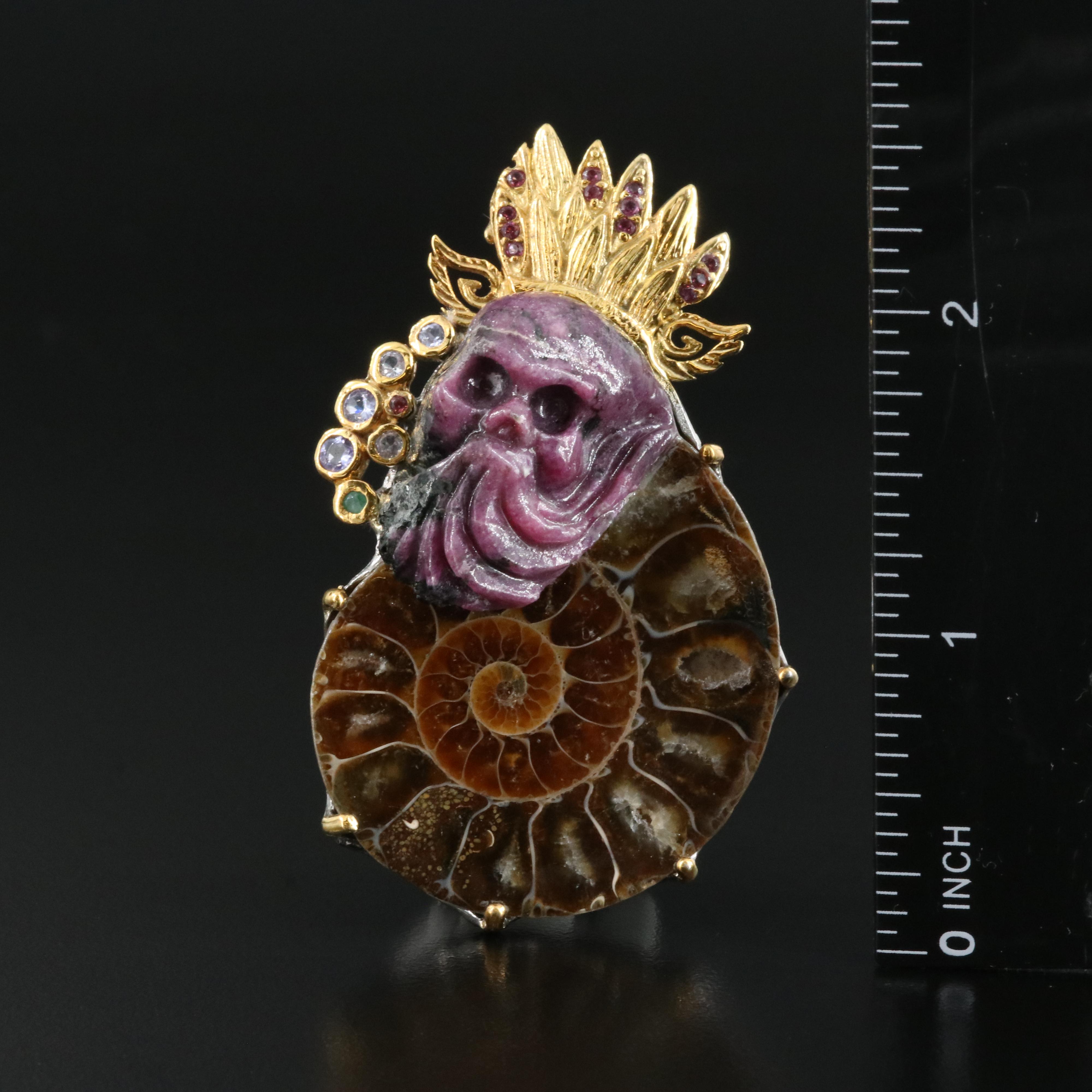 Sterling Ammonite, Garnet and Emerald Pendant