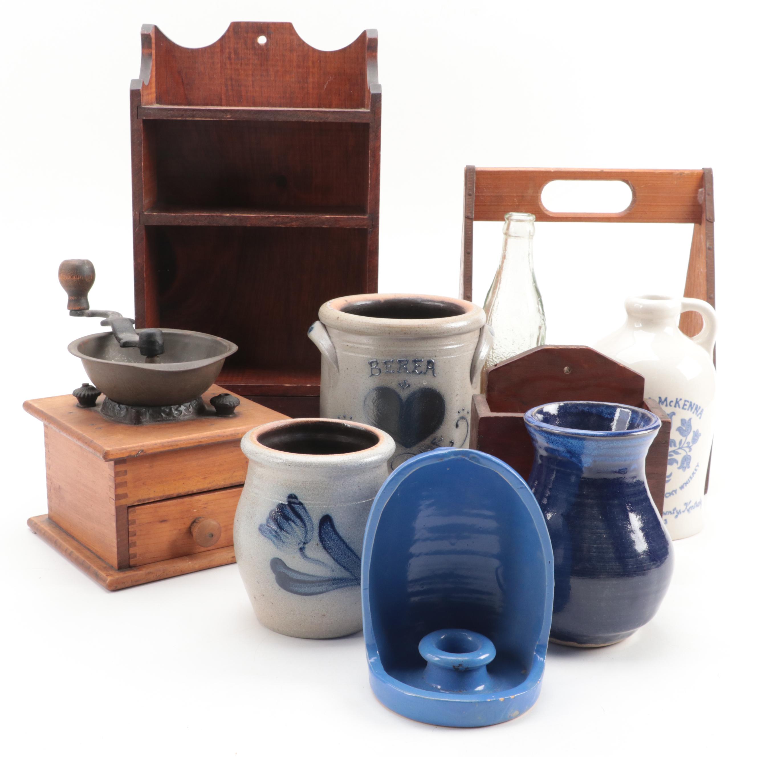 Hand-Carved Tidewater Crafts Shelf with Coffee Grinder, Crocks, Vases and More