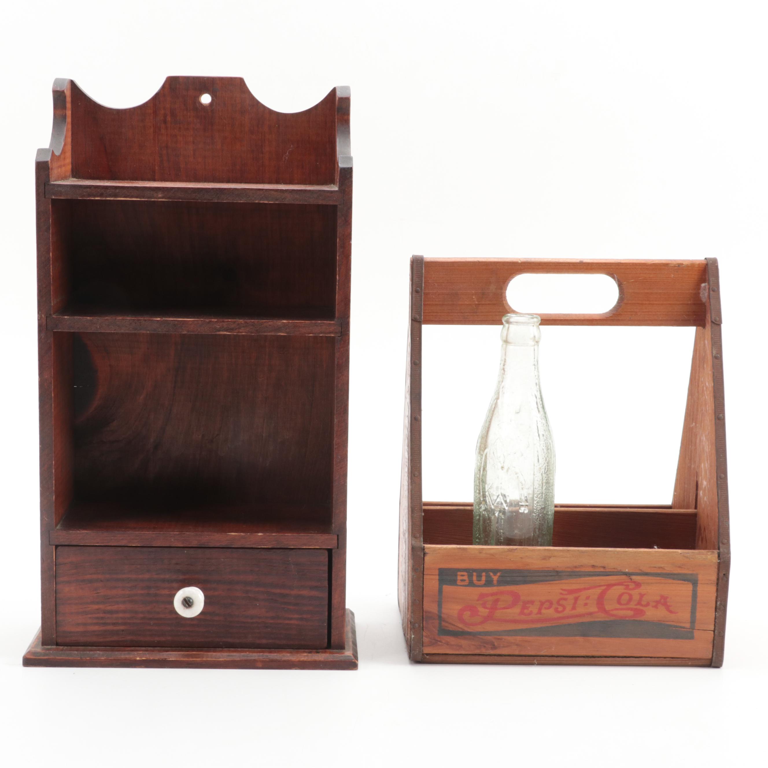 Hand-Carved Tidewater Crafts Shelf with Coffee Grinder, Crocks, Vases and More