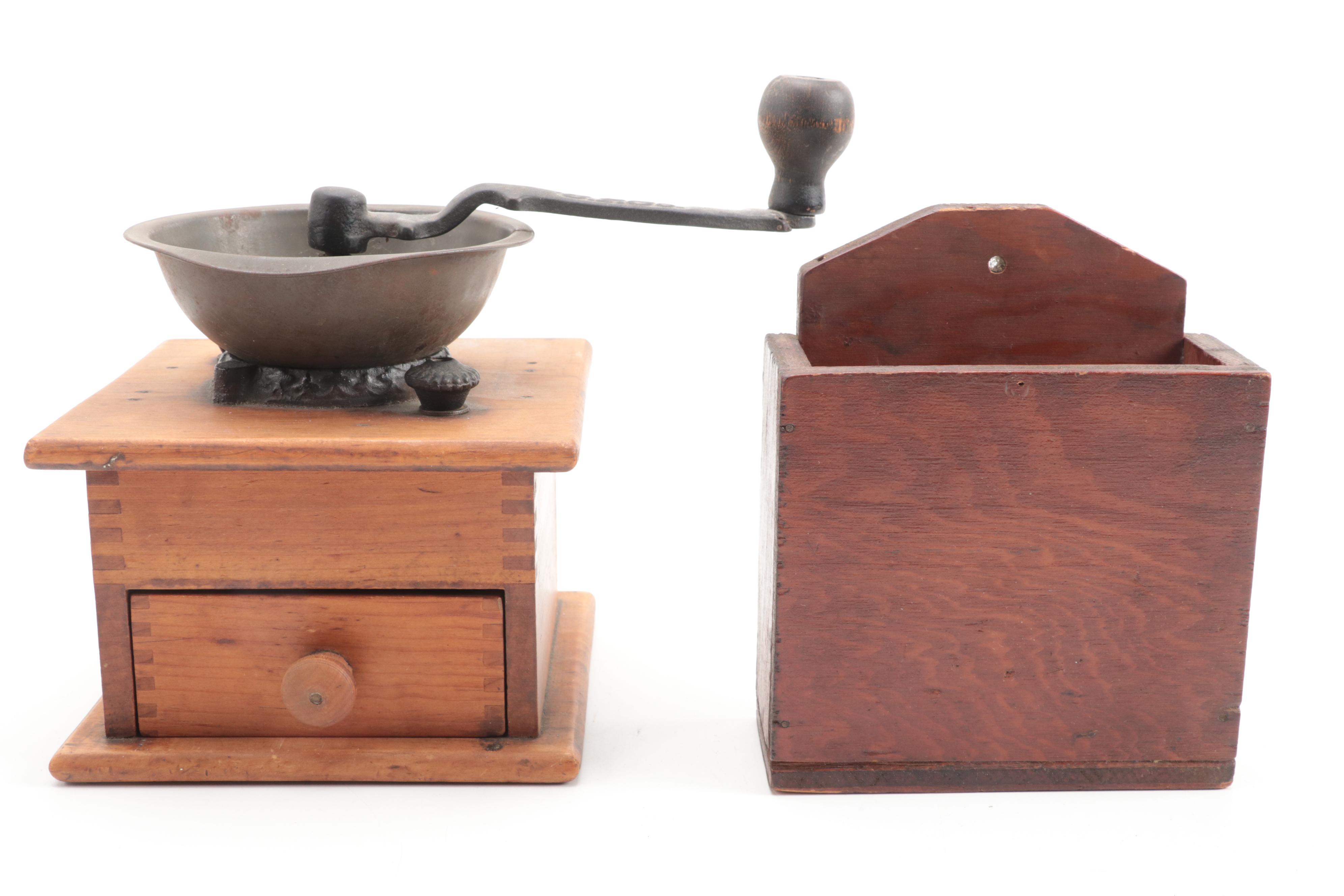 Hand-Carved Tidewater Crafts Shelf with Coffee Grinder, Crocks, Vases and More