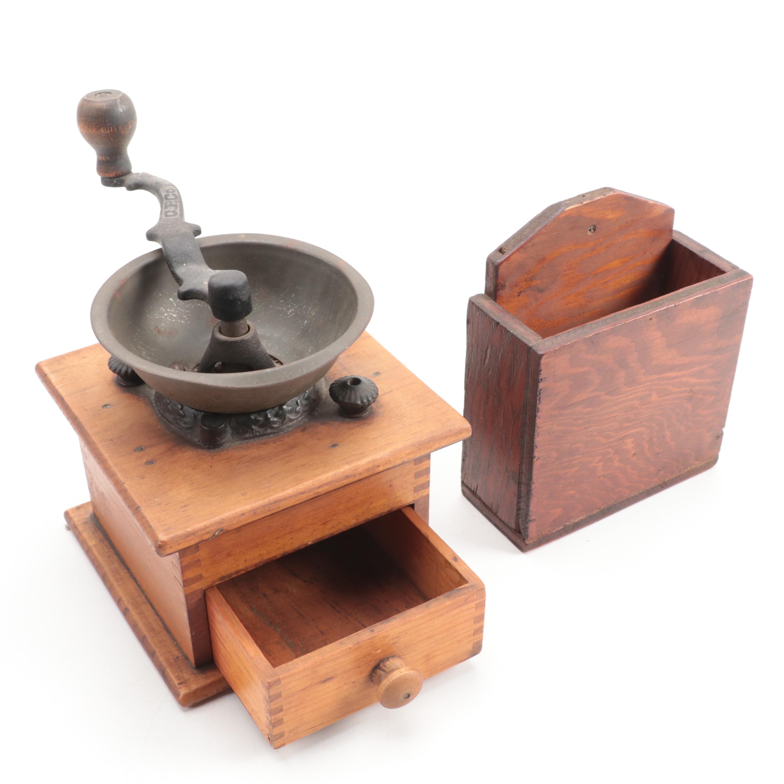 Hand-Carved Tidewater Crafts Shelf with Coffee Grinder, Crocks, Vases and More