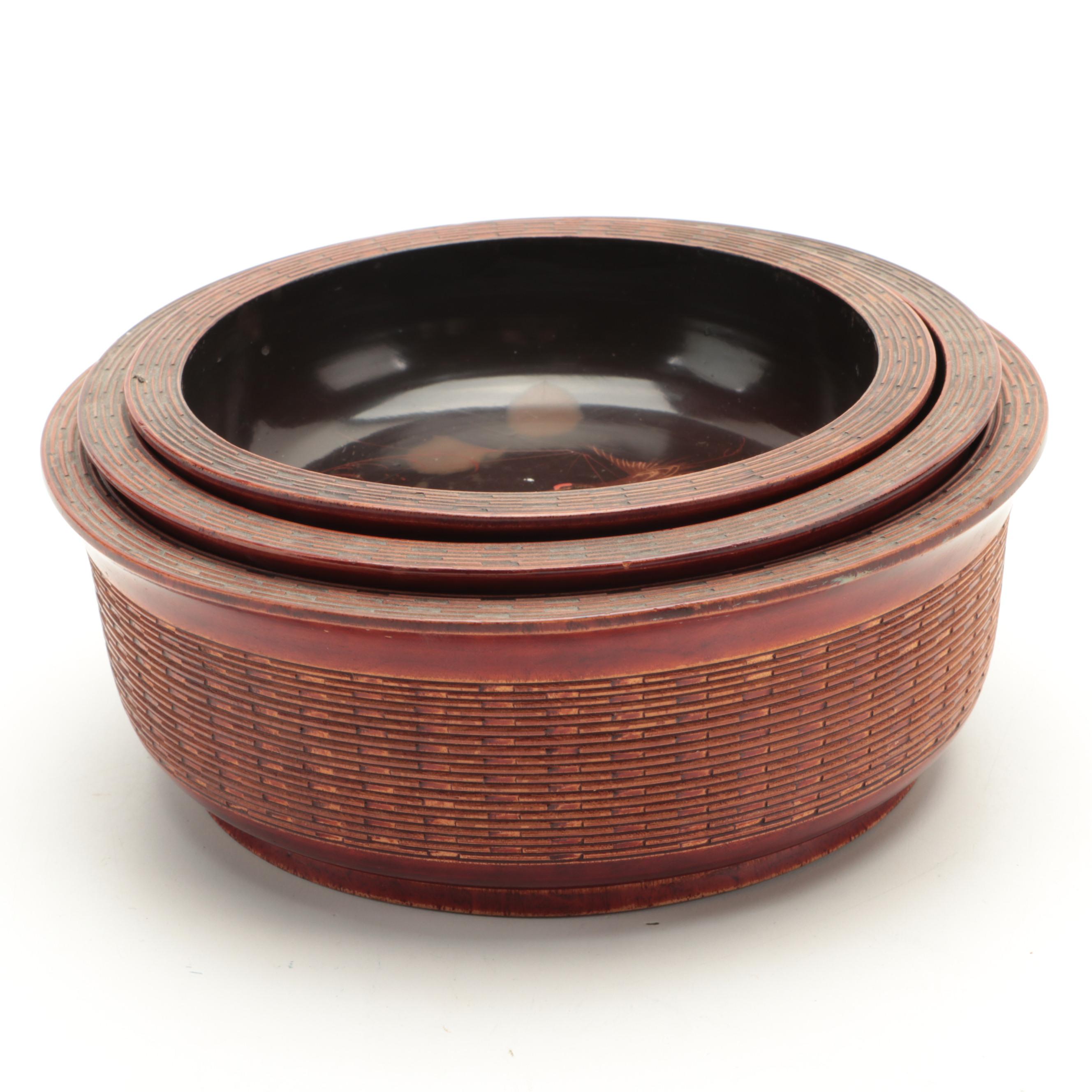 Japanese Basket Weave Graduated Lacquer Bowls with Lacquer Style Box