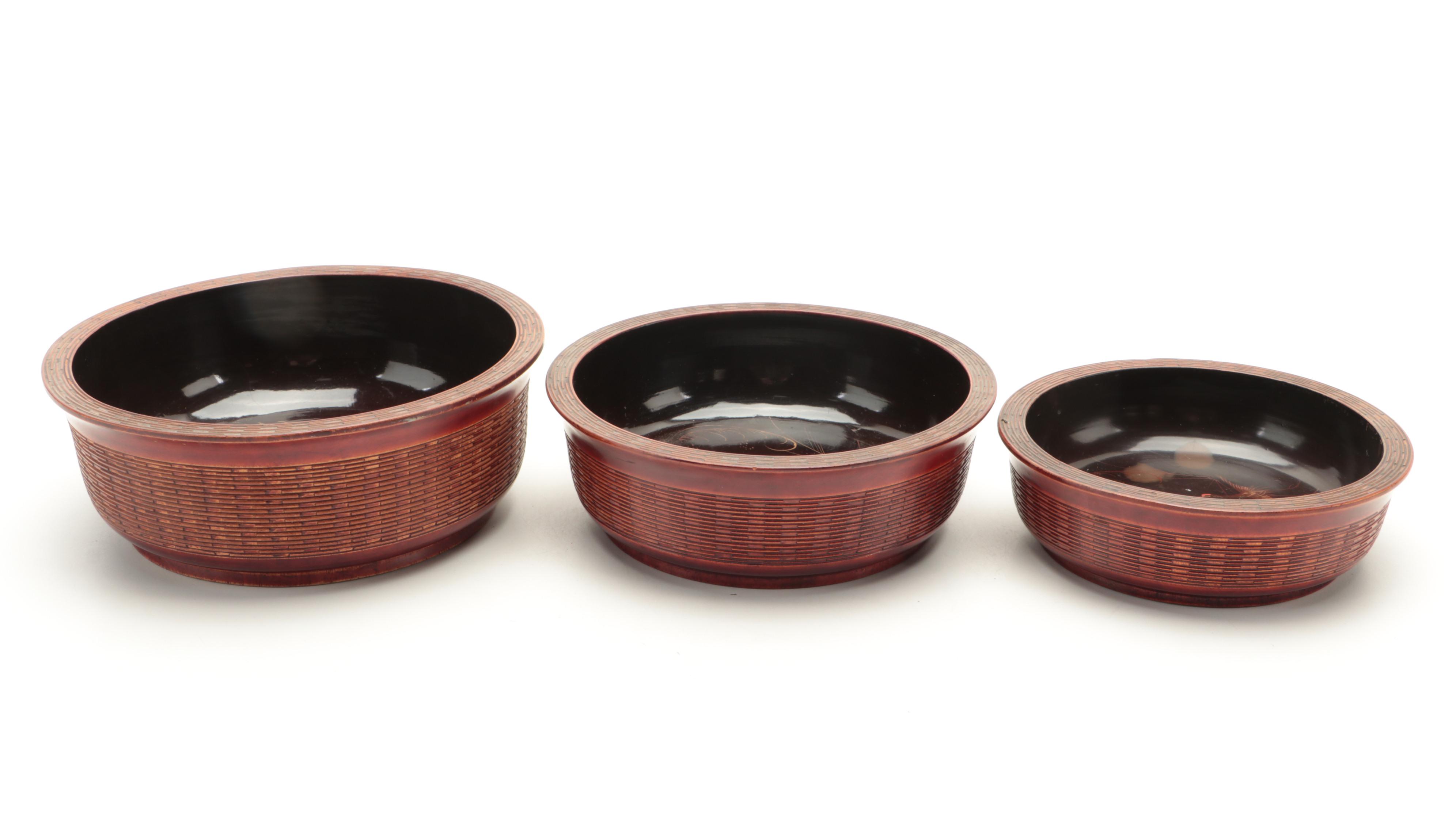 Japanese Basket Weave Graduated Lacquer Bowls with Lacquer Style Box