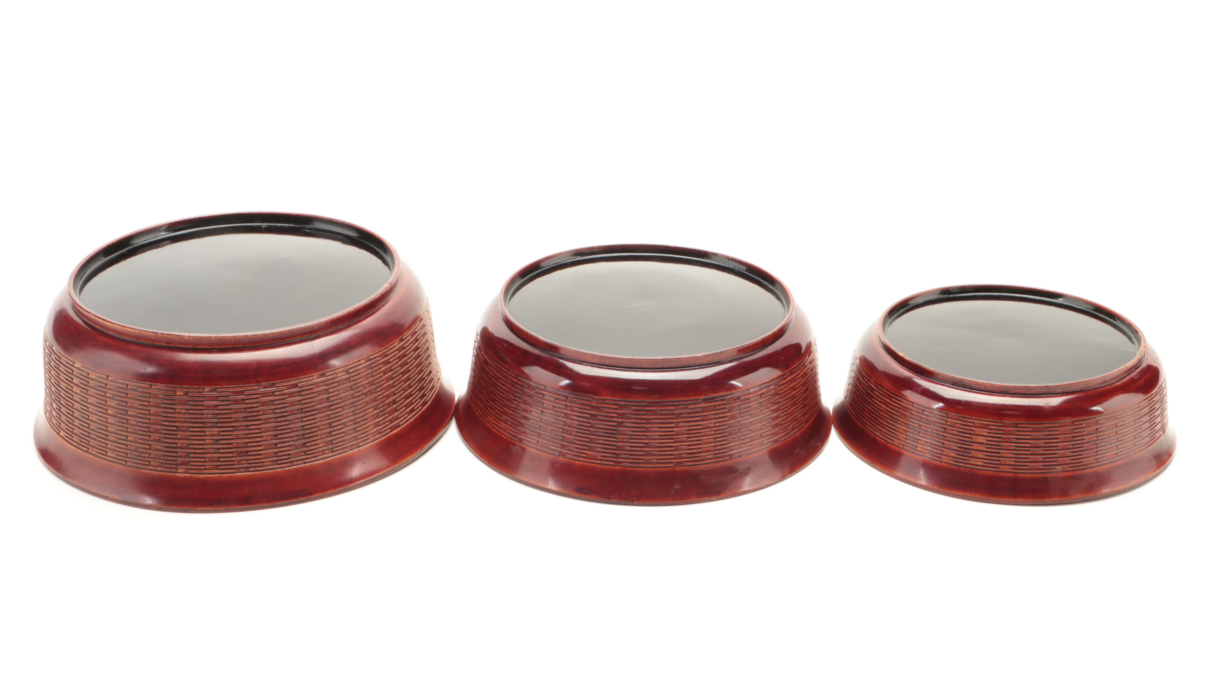 Japanese Basket Weave Graduated Lacquer Bowls with Lacquer Style Box